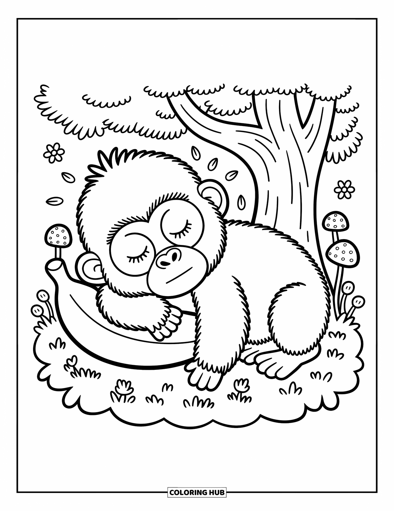 Disegno di gorilla da colorare per adulti: Un gorilla sonnecchia sul muschio con una banana di peluche, circondato da funghi e fiori