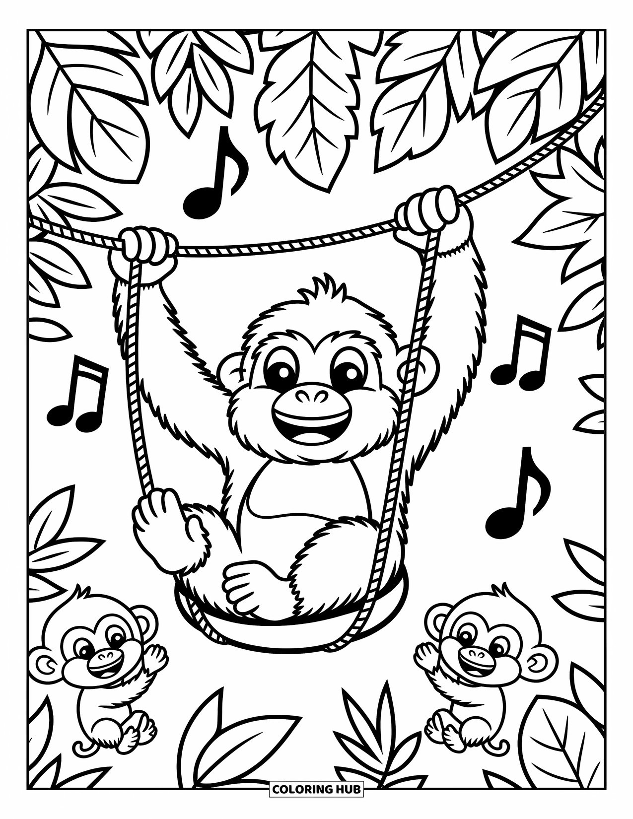 Disegno di gorilla da colorare per adulti: Un gorilla oscilla sopra la giungla mentre le scimmie applaudono e le note musicali fluttuano