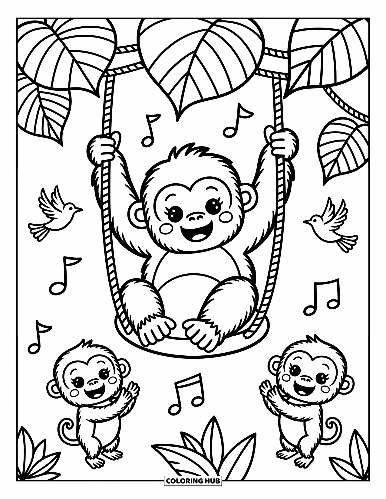 Disegno di gorilla da colorare per adulti: Un gorilla si dondola gioiosamente da una liana mentre scimmie e uccelli lo acclamano