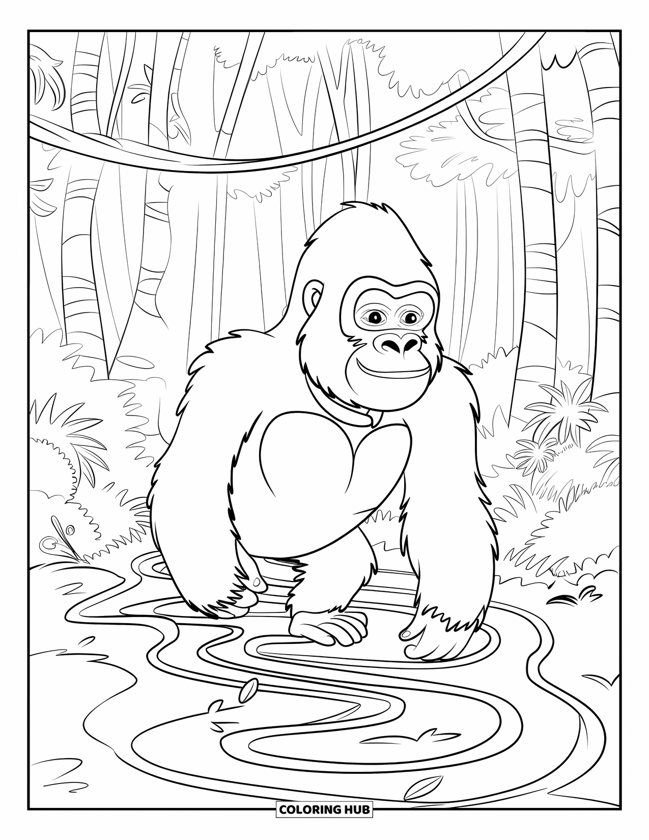 Disegno di gorilla da colorare per adulti: Un gorilla cammina attraverso liane tortuose con uno sguardo calmo e pensieroso