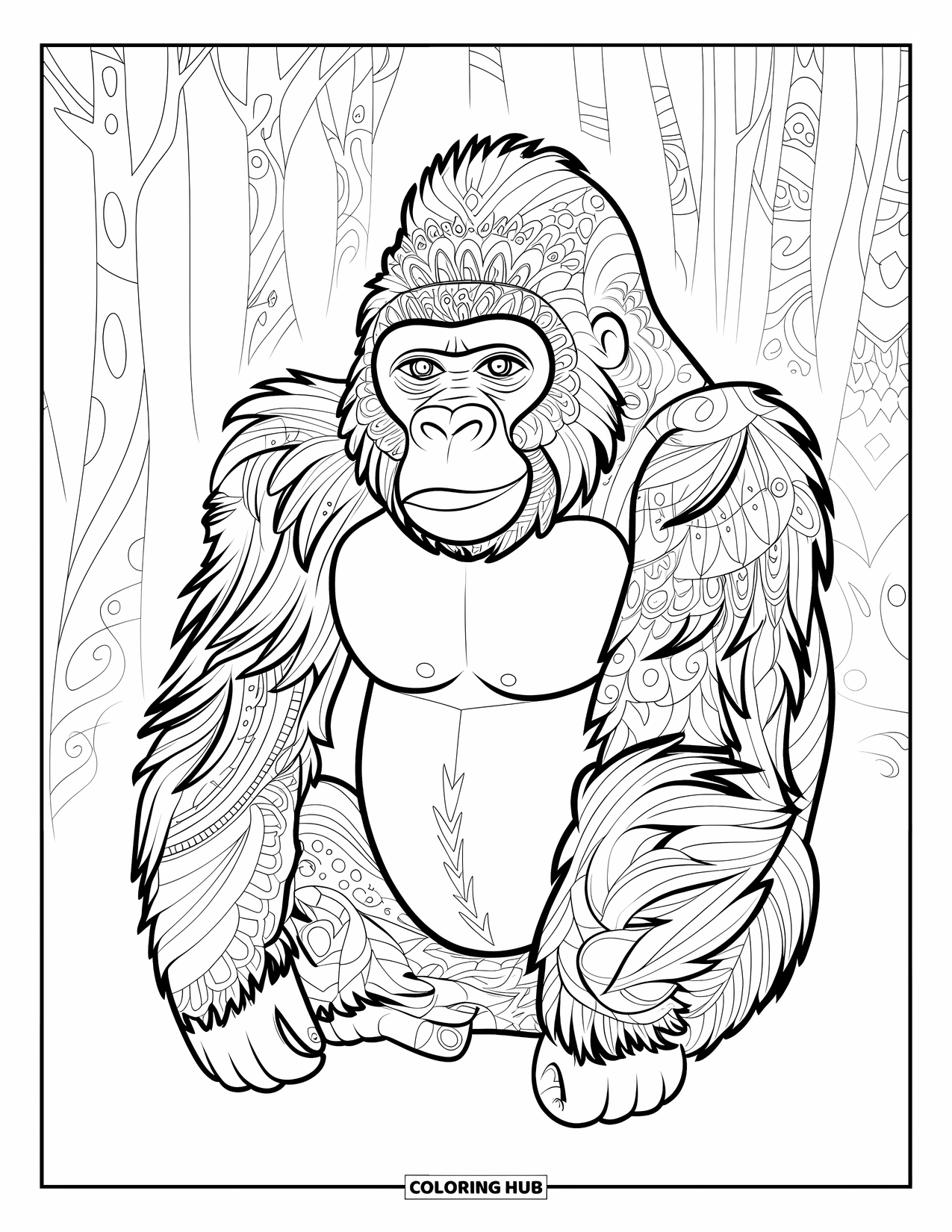 Disegno di gorilla da colorare per adulti: Un gorilla con pelliccia zentangle siede tranquillamente in una foresta di alberi a motivi
