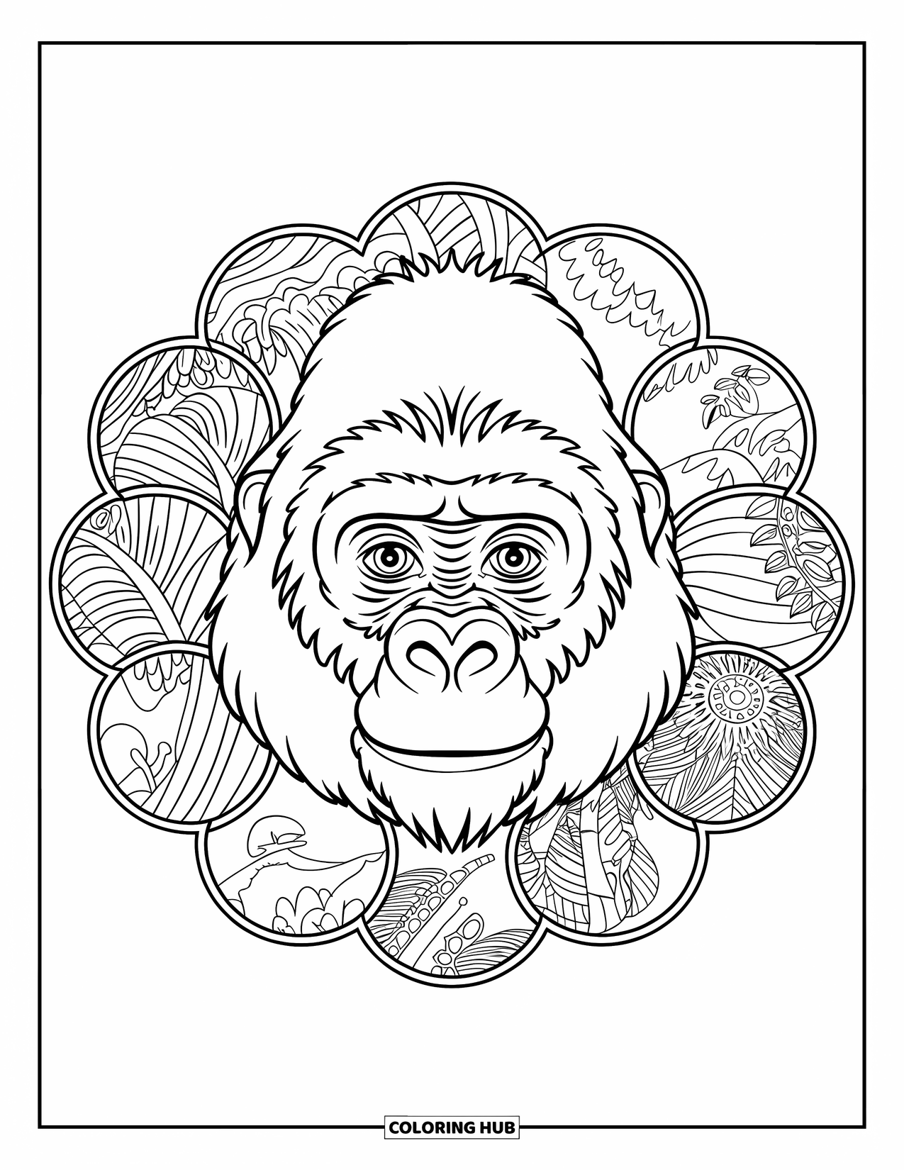 Disegno di gorilla da colorare per adulti: La faccia di un gorilla si trova al centro di mandala circolari della foresta pluviale