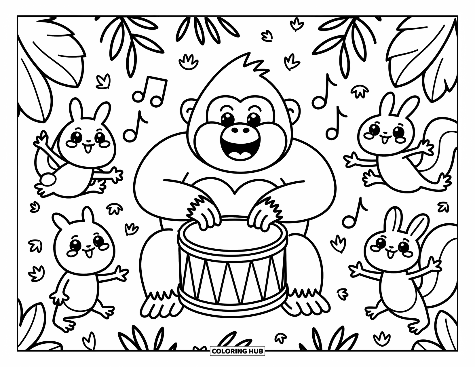 Disegno di gorilla da colorare per adulti: Un gorilla felice suona la batteria mentre gli animali della foresta ballano e le note musicali fluttuano intorno