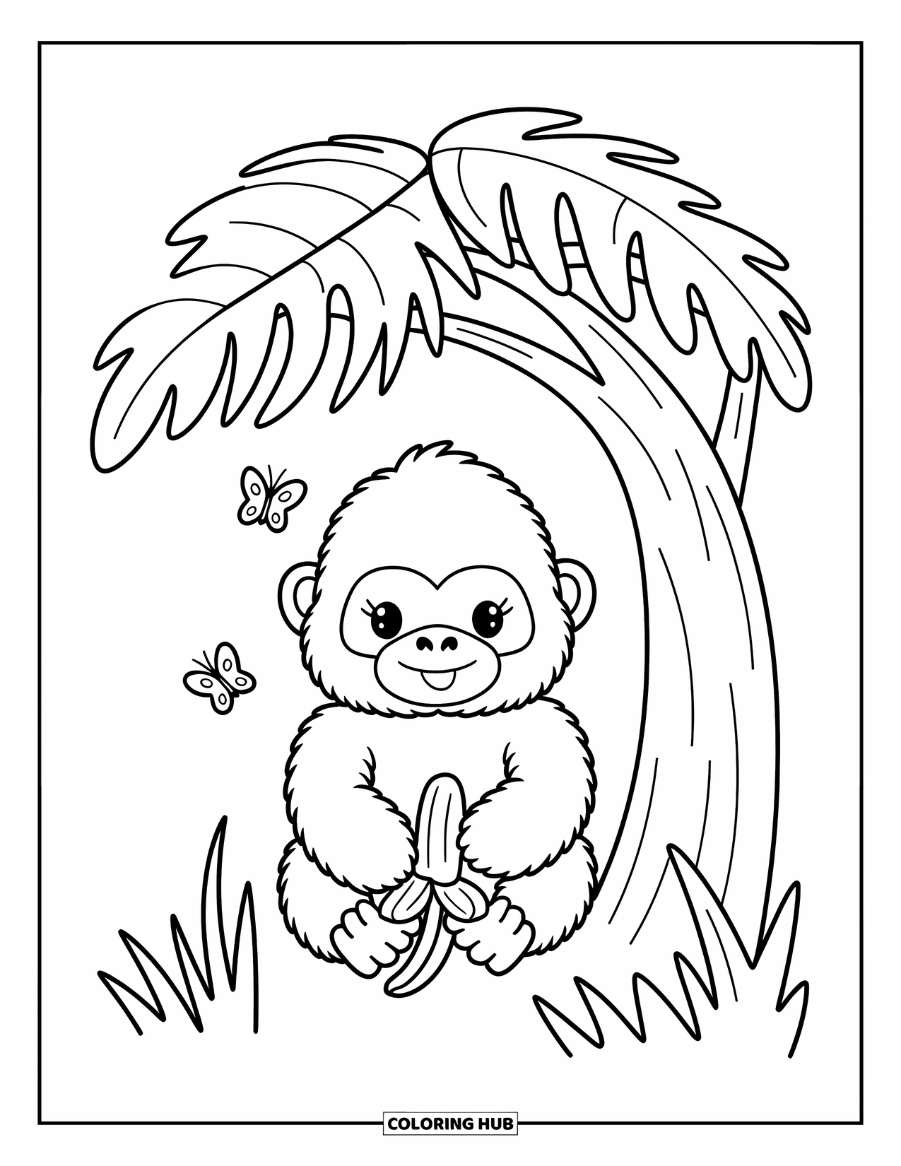 Disegno di gorilla da colorare per adulti: Un gorilla felice mangia una banana sotto un grande albero mentre le farfalle danzano nelle vicinanze