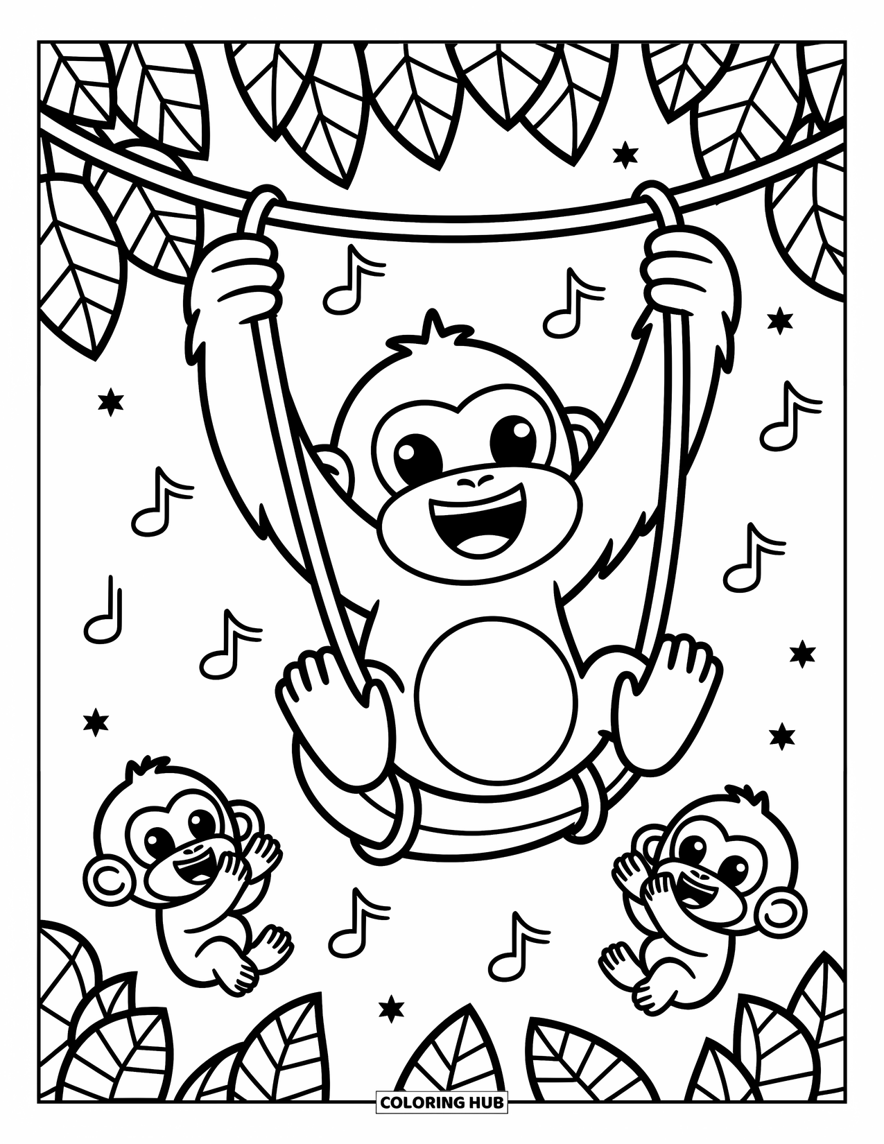 Disegno di gorilla da colorare per adulti: Un gorilla felice oscilla con le scimmie che fanno il tifo sotto alberi frondosi e uccelli volanti