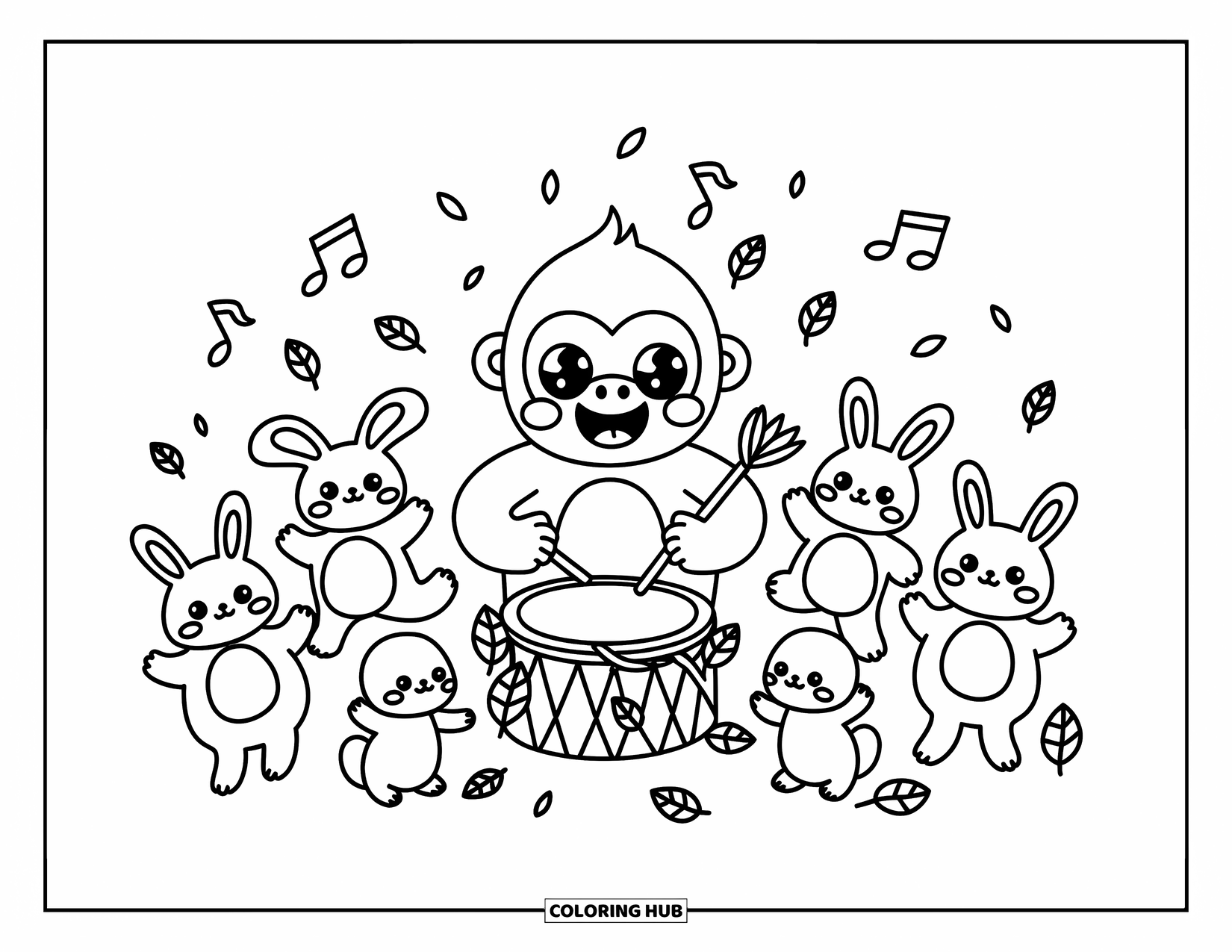 Disegno di gorilla da colorare per adulti: Un gorilla gioioso suona la batteria con piccoli animali della foresta che applaudono nelle vicinanze in una radura frondosa