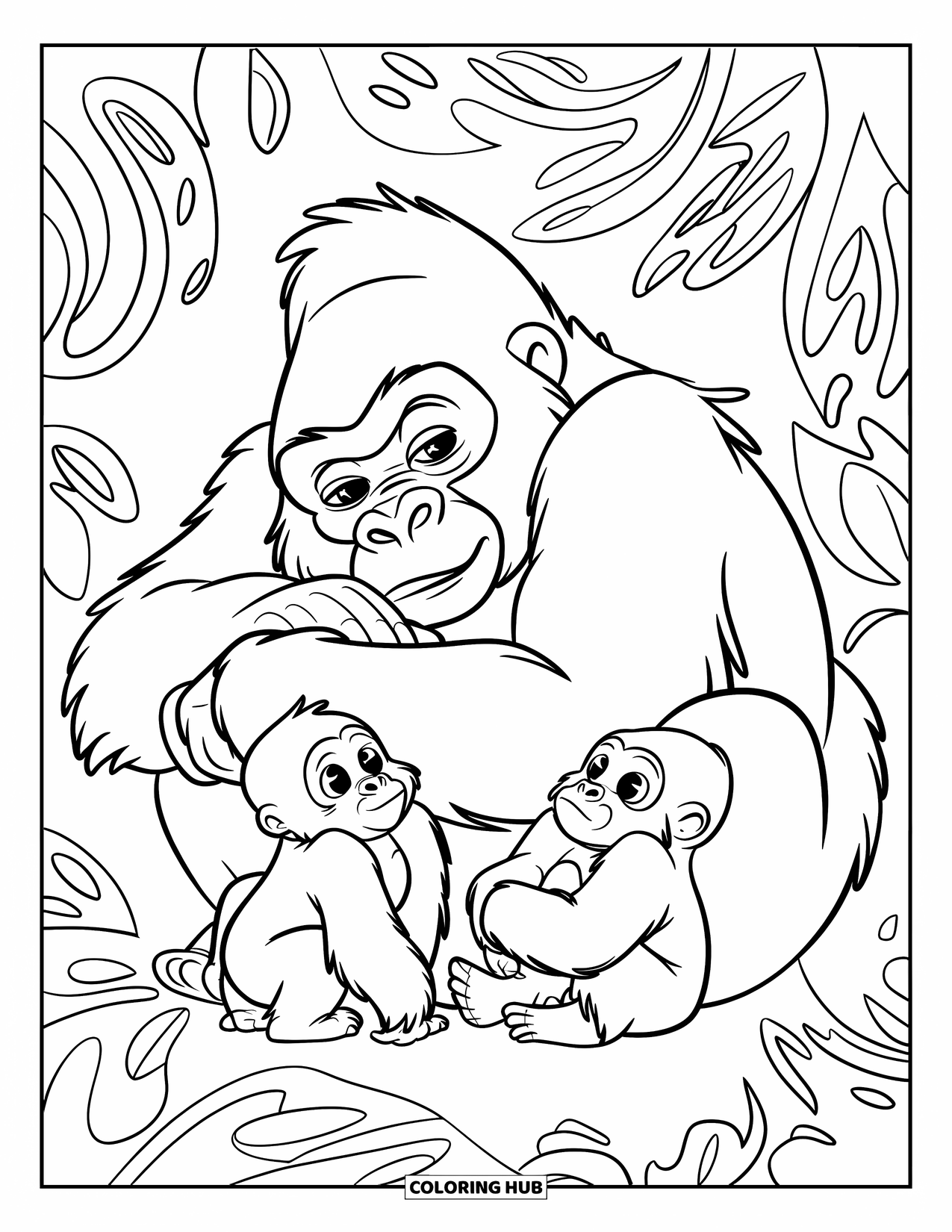 Disegno di gorilla da colorare per adulti: Mamma gorilla si coccola con i cuccioli di gorilla tra riccioli fogliari