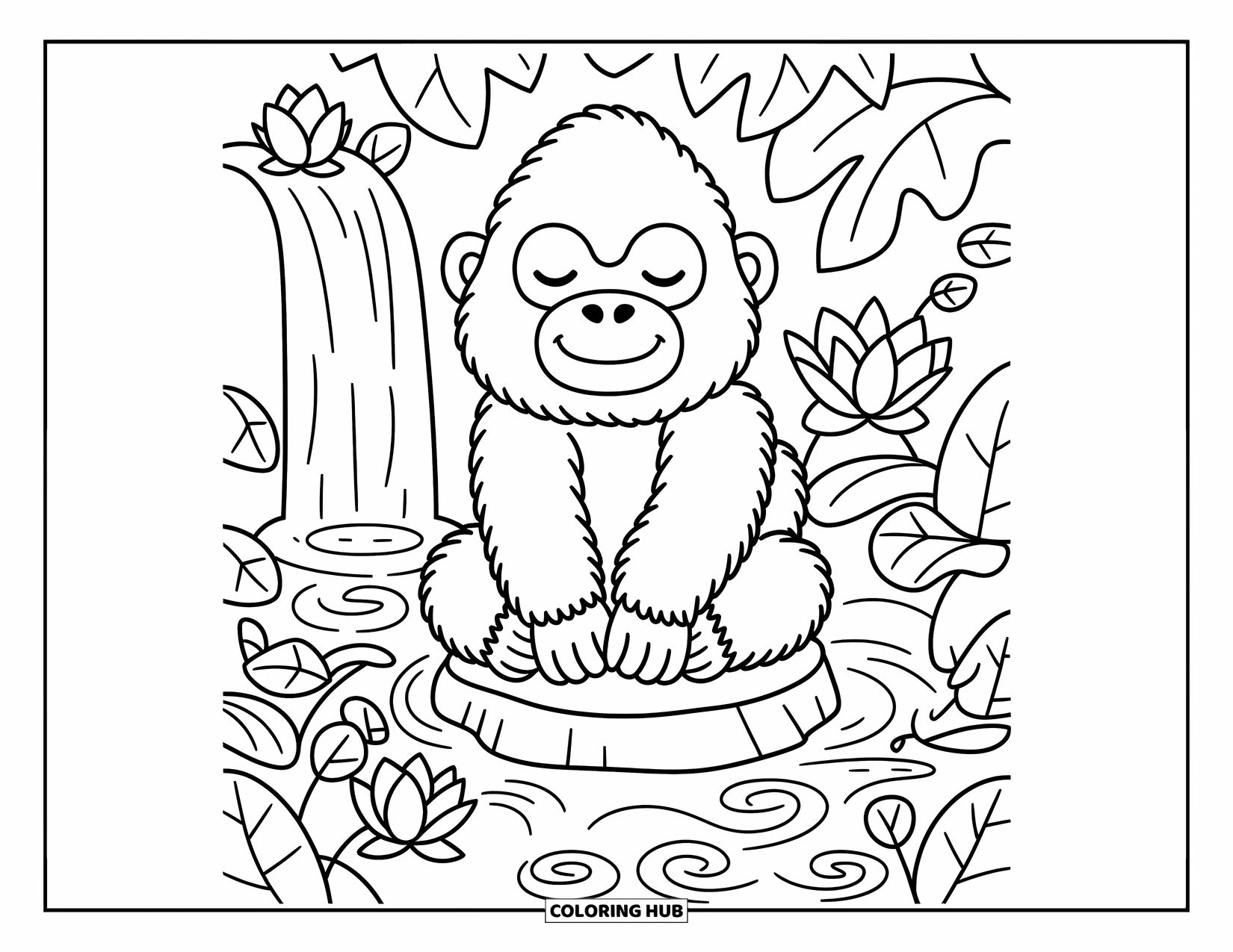 Disegno di gorilla da colorare per adulti: Un gorilla pacifico medita vicino a una cascata nella giungla mentre foglie turbinanti fluttuano