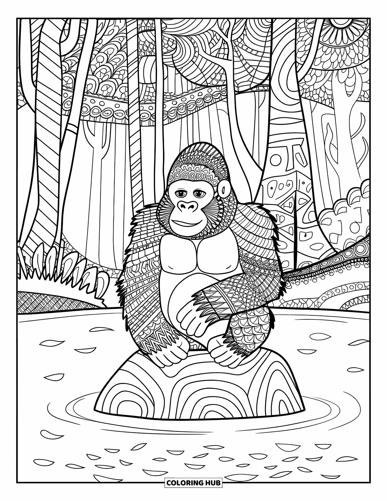 Disegno di gorilla da colorare per adulti: Un gorilla pacifico siede vicino a un lago in una foresta a motivi con foglie turbinanti