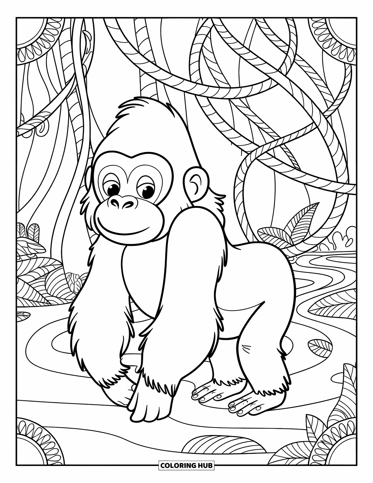 Disegno di gorilla da colorare per adulti: Un gorilla sereno passeggia attraverso un sentiero di liane a motivi con bordi fogliari