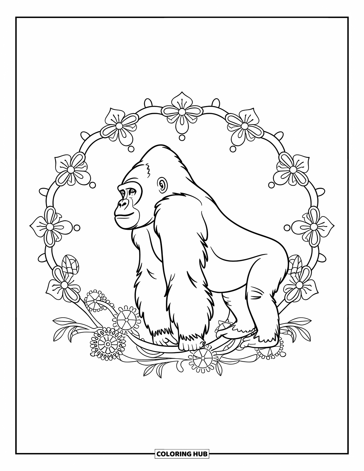 Disegno di gorilla da colorare per adulti: Gorilla di profilo laterale incorniciato da mandala floreali e liane turbinanti