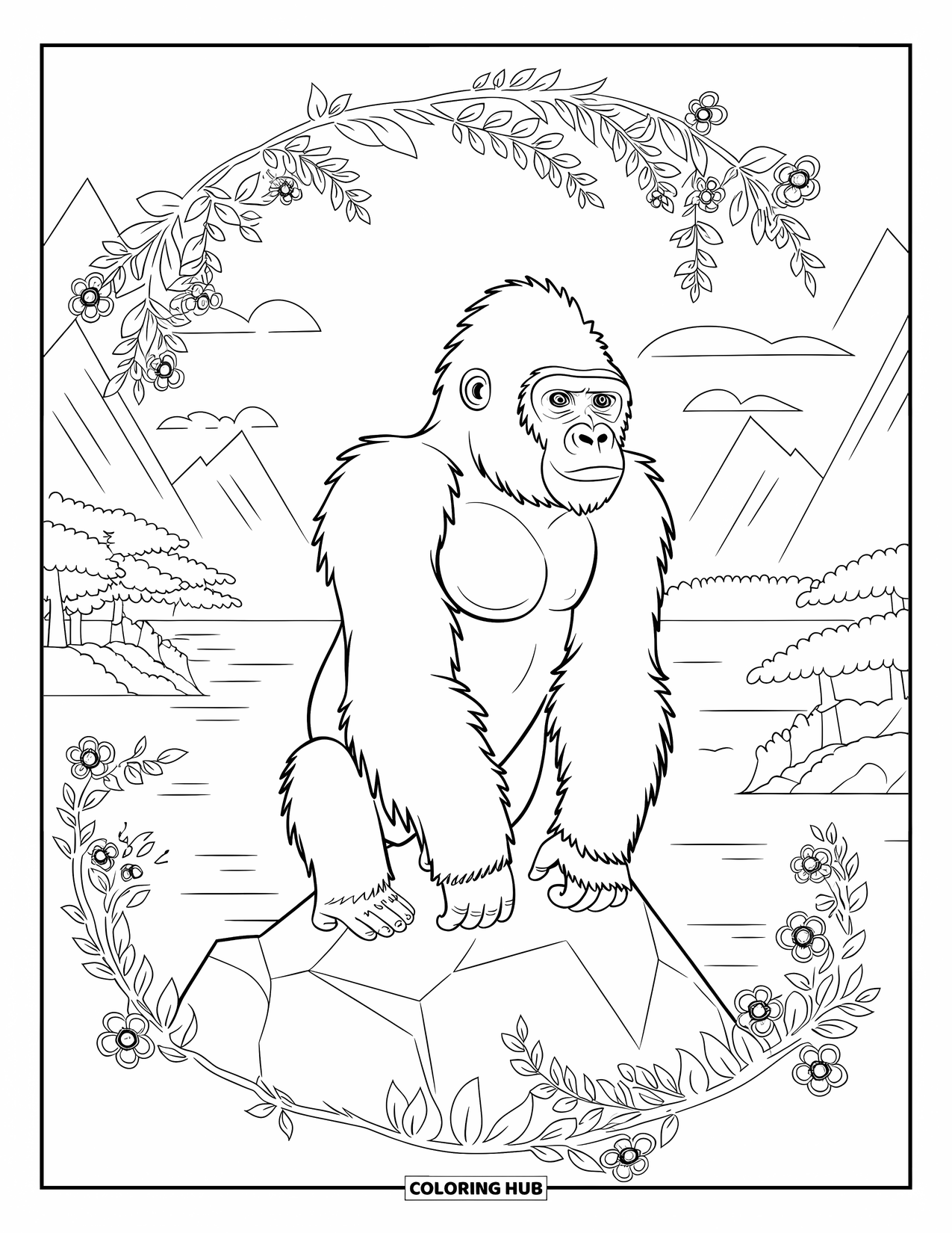 Disegno di gorilla da colorare per adulti: Gorilla di lato su una roccia circondato da mandala floreali e paesaggi delicati
