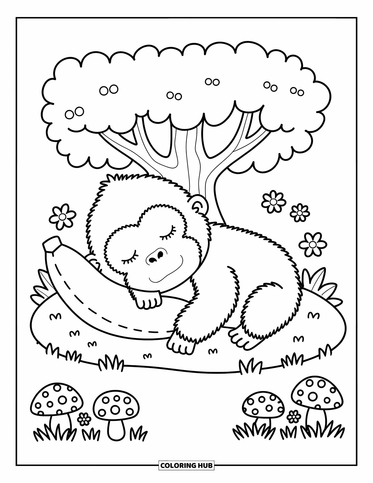 Disegno di gorilla da colorare per adulti: Un gorilla stanco fa un pisolino sotto un albero con un peluche e piccoli funghi nelle vicinanze