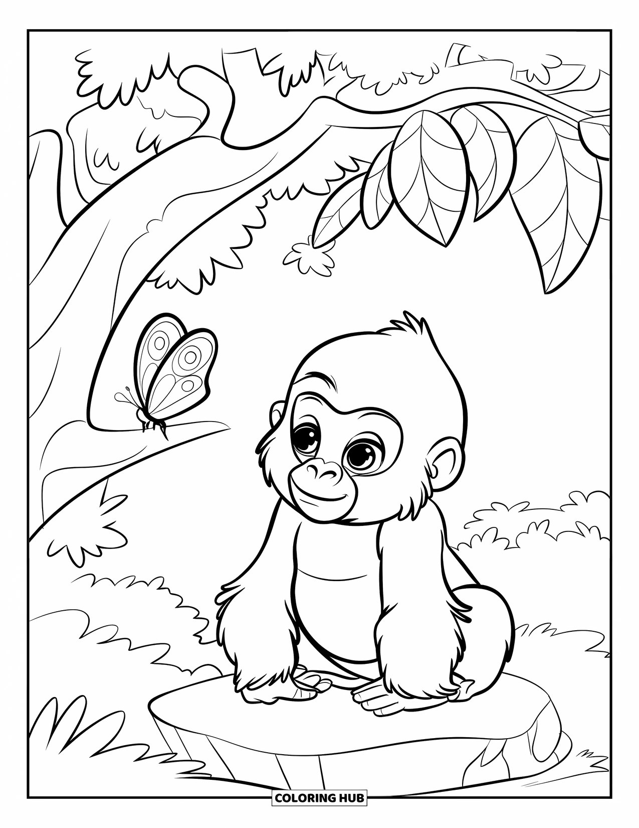 Disegno di gorilla da colorare per bambini: Un cucciolo di gorilla è seduto su una roccia sotto un albero frondoso con una farfalla nelle vicinanze