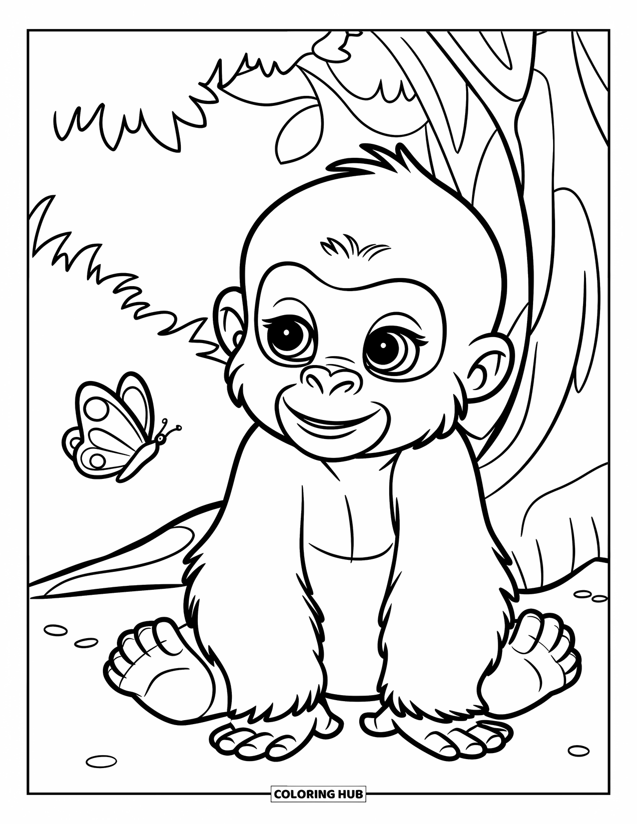 Disegno di gorilla da colorare per bambini: Un cucciolo di gorilla è seduto sotto un albero con una farfalla nelle vicinanze in una foresta tranquilla