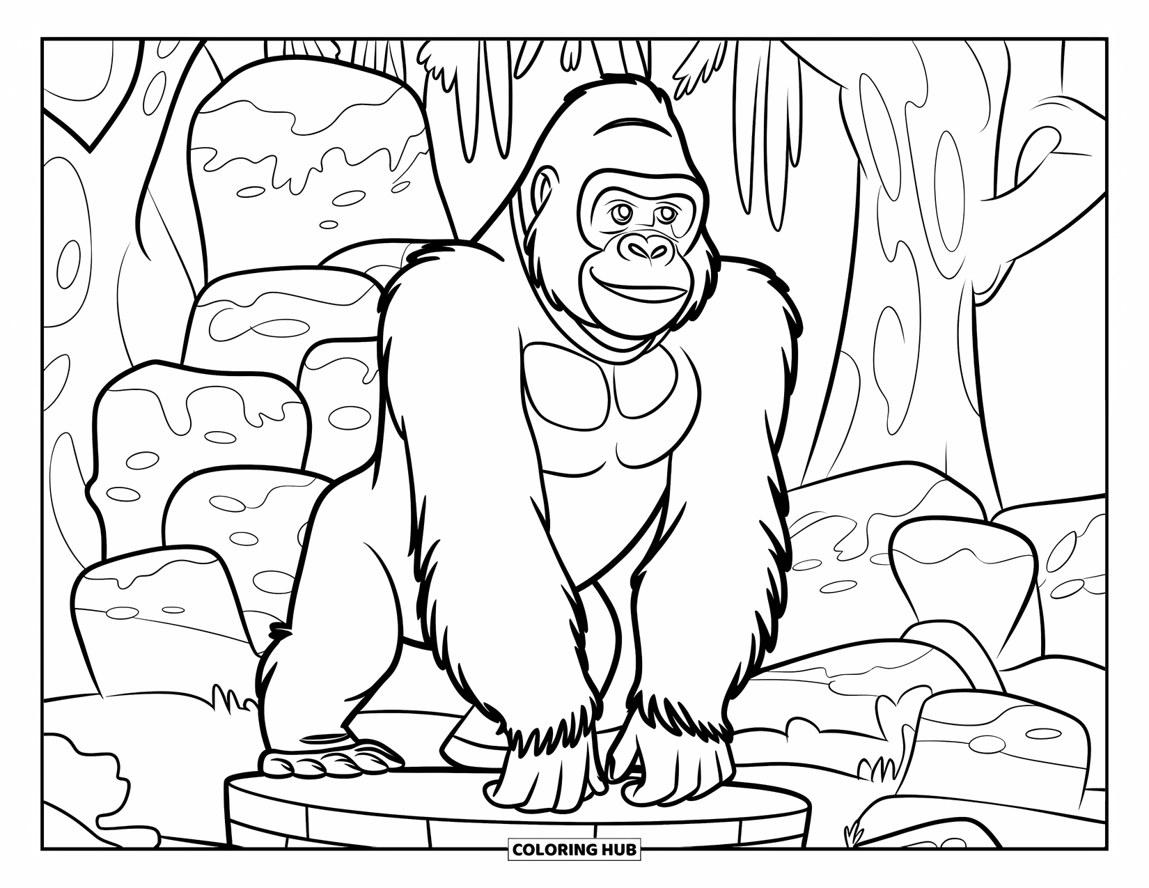 Disegno di gorilla da colorare per bambini: Un gorilla calmo con un collare è seduto immobile tra pietre muschiose e tronchi d'albero ruvidi