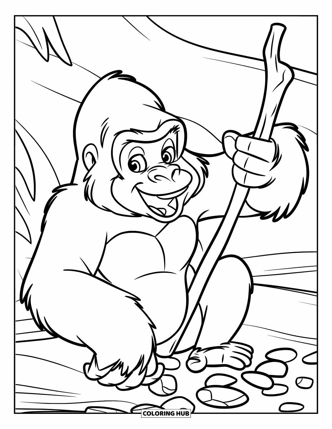 Disegno di gorilla da colorare per bambini: Un gorilla allegro gioca con un bastone e ciottoli sparsi intorno