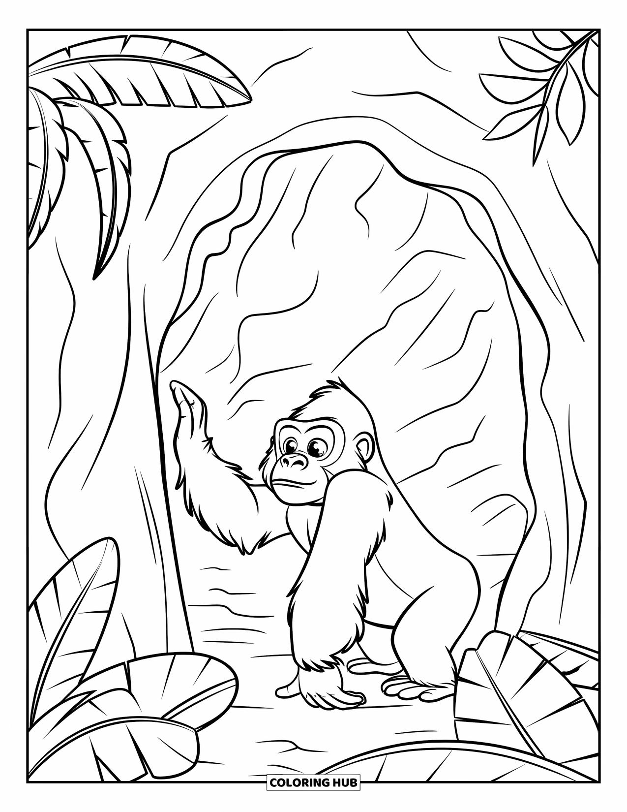 Disegno di gorilla da colorare per bambini: Un gorilla curioso esplora l'ingresso di una grotta circondato da foglie della giungla