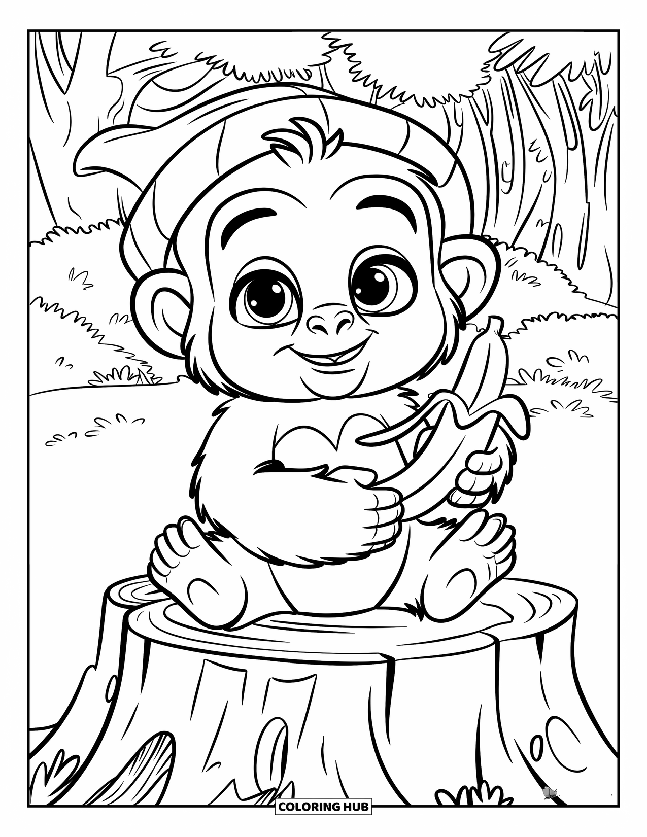Disegno di gorilla da colorare per bambini: Un gorilla carino su un ceppo tiene in mano una banana accanto a una buccia nella foresta