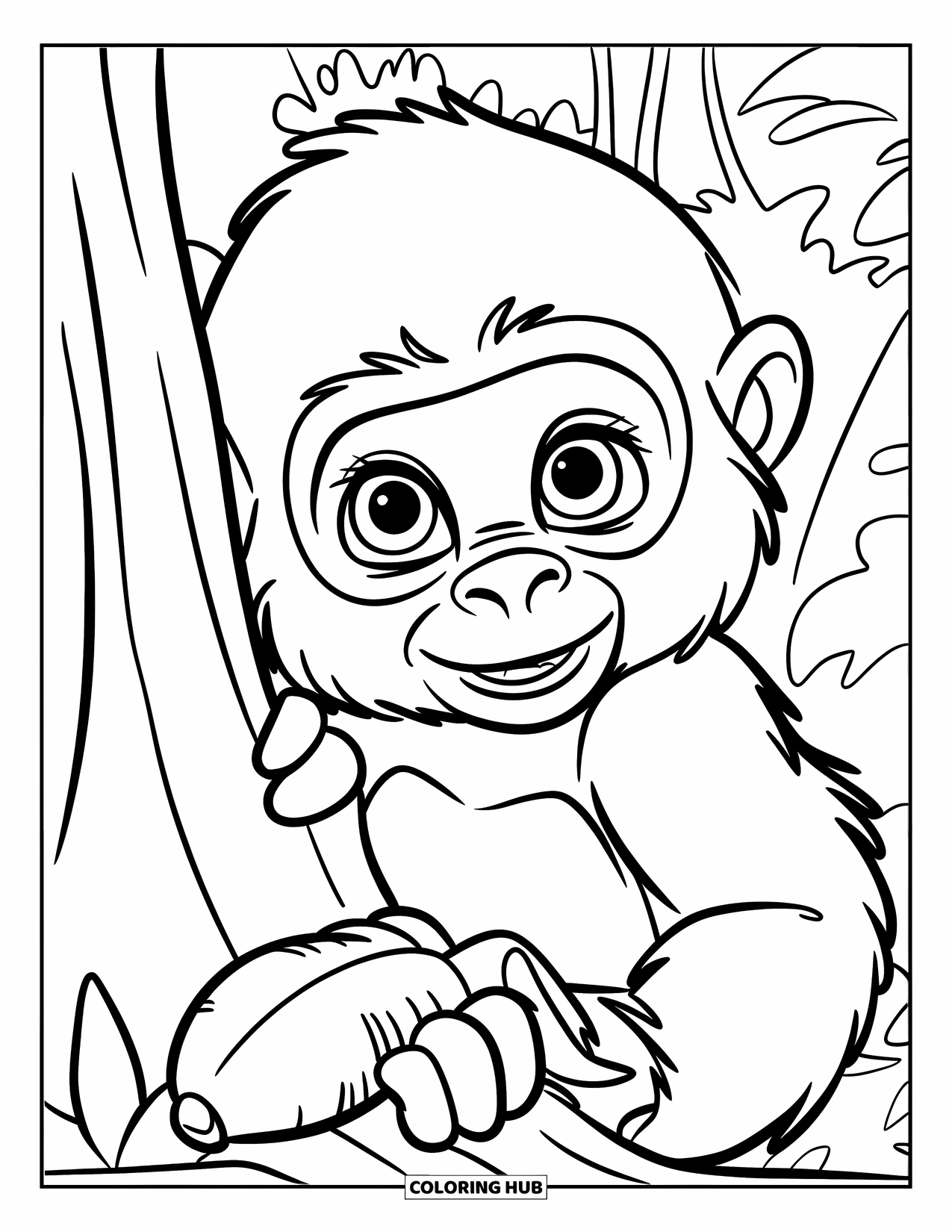 Disegno di gorilla da colorare per bambini: Un gorilla carino con grandi occhi sbircia fuori mentre tiene in mano una banana