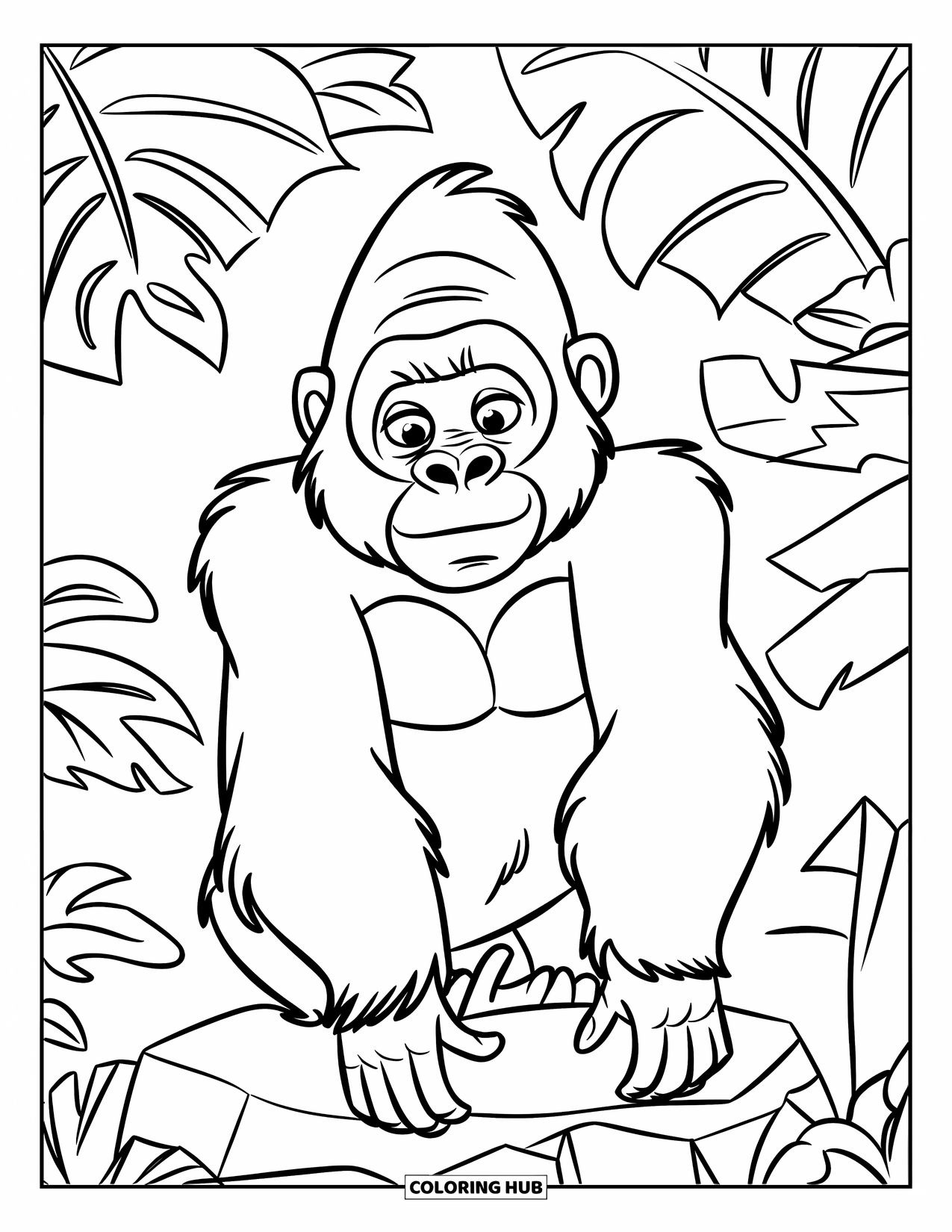 Disegno di gorilla da colorare per bambini: Un gorilla amichevole sbircia fuori da grandi foglie della giungla mentre è seduto su una roccia