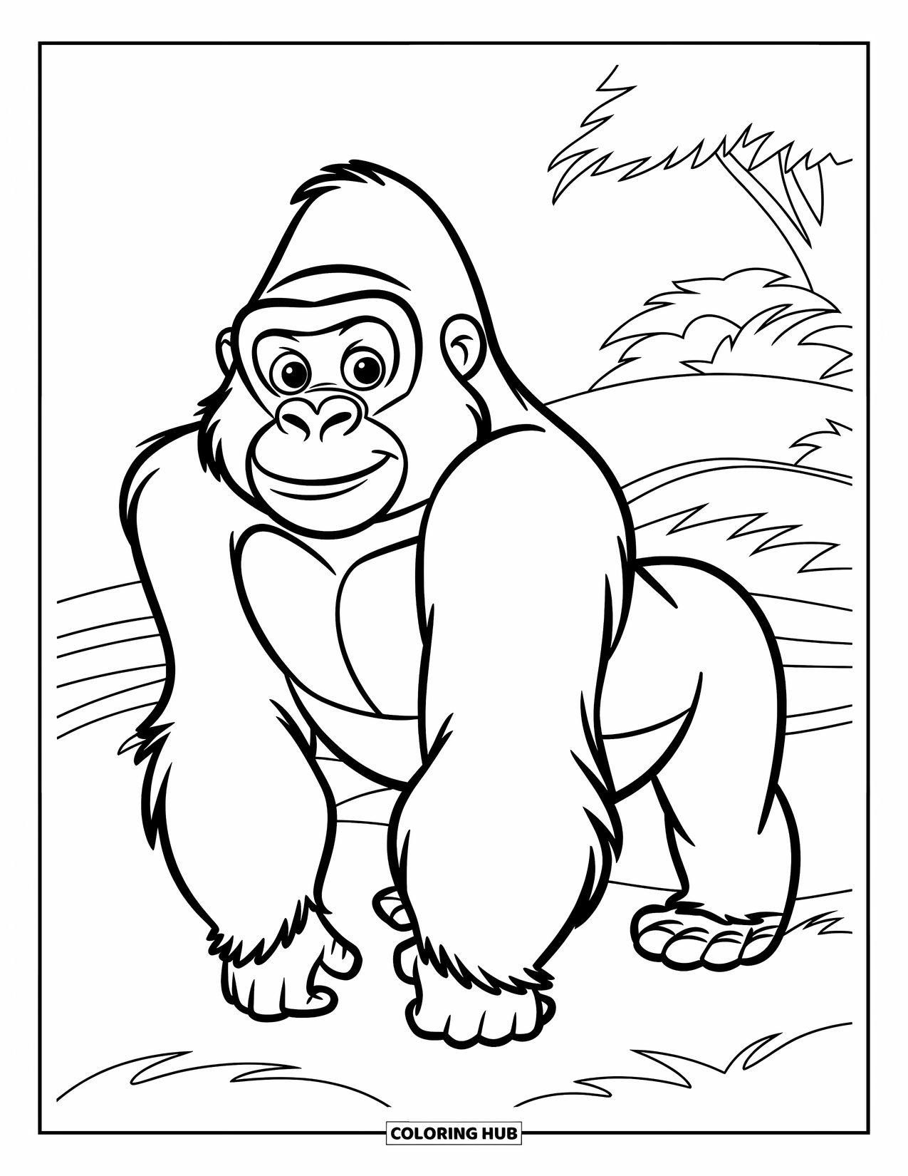 Disegno di gorilla da colorare per bambini: Un gorilla amichevole è in piedi sull'erba con alberi dietro e un aspetto allegro