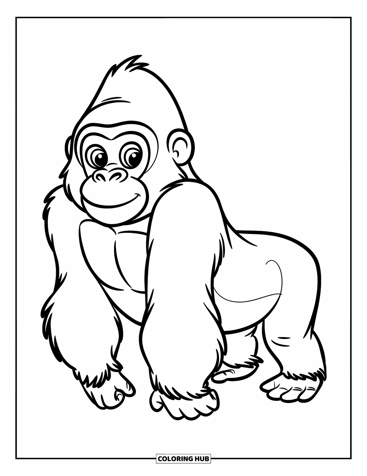 Disegno di gorilla da colorare per bambini: Un gorilla frontale è in piedi felicemente su un terreno erboso con un grande sorriso