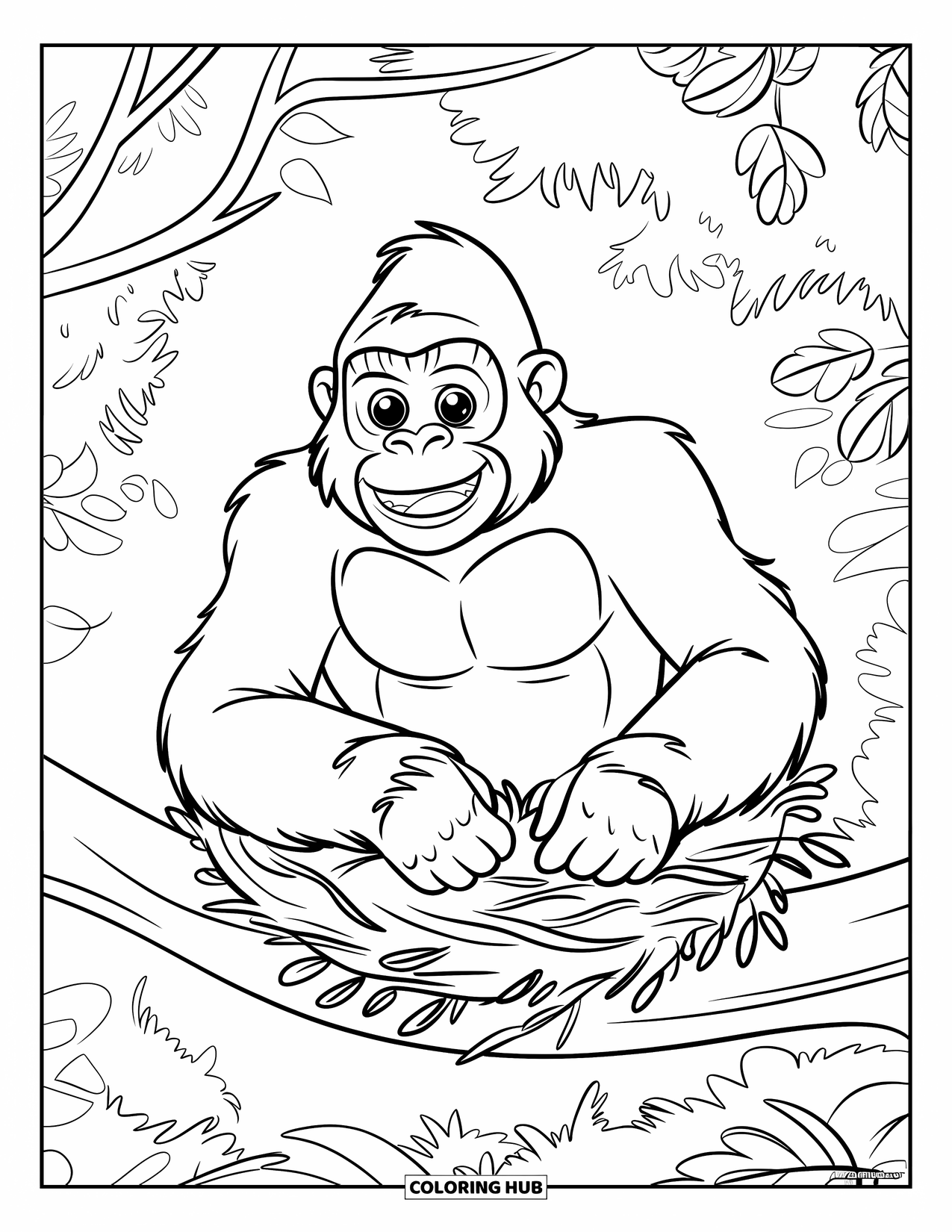 Disegno di gorilla da colorare per bambini: Un gorilla costruisce un nido accogliente con foglie e bastoncini su un ramo di un albero