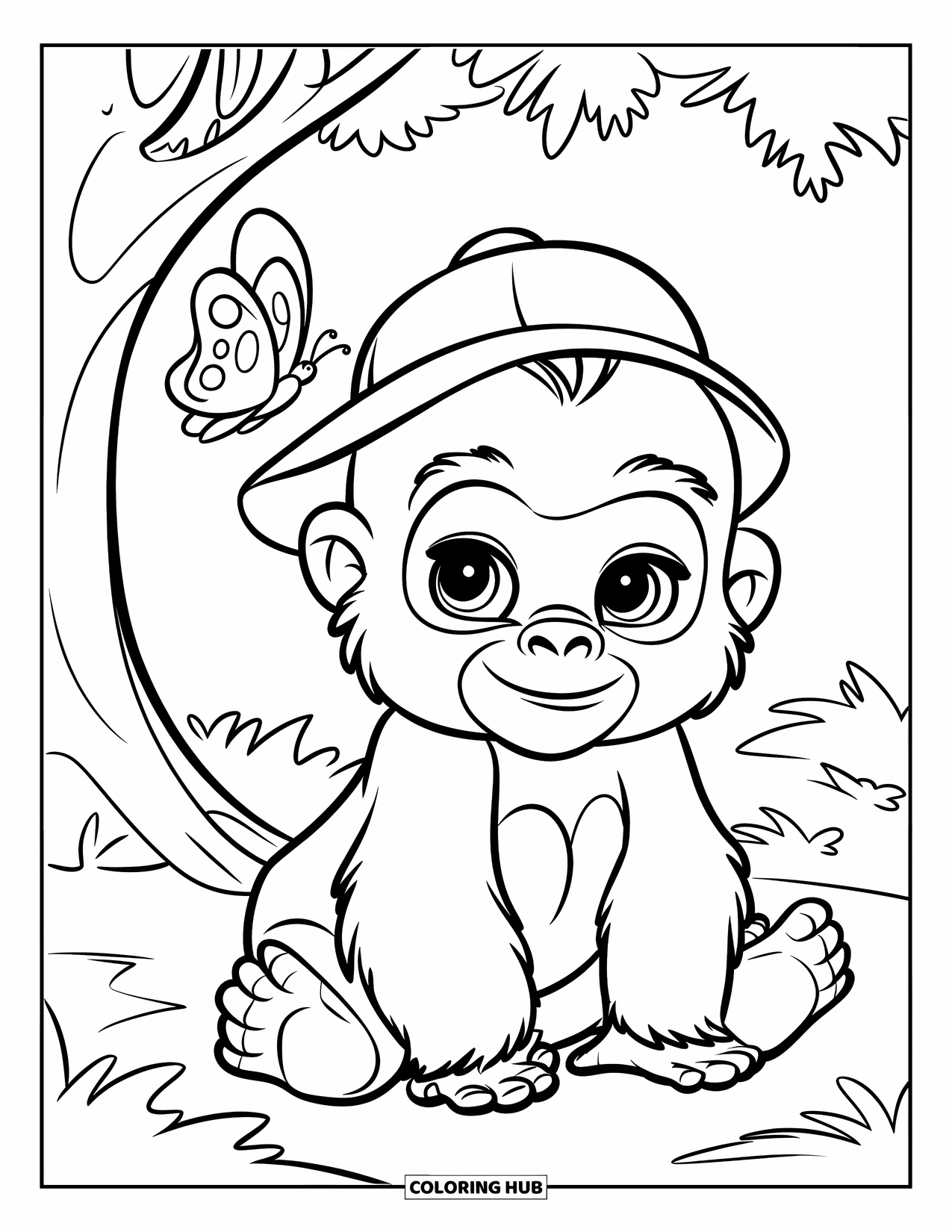 Disegno di gorilla da colorare per bambini: Un gorilla con un cappello si rilassa sotto un albero mentre una farfalla svolazza nelle vicinanze
