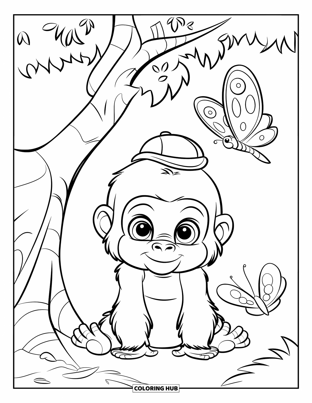 Disegno di gorilla da colorare per bambini: Un gorilla con un piccolo cappello è seduto sotto un albero con una farfalla che svolazza nelle vicinanze