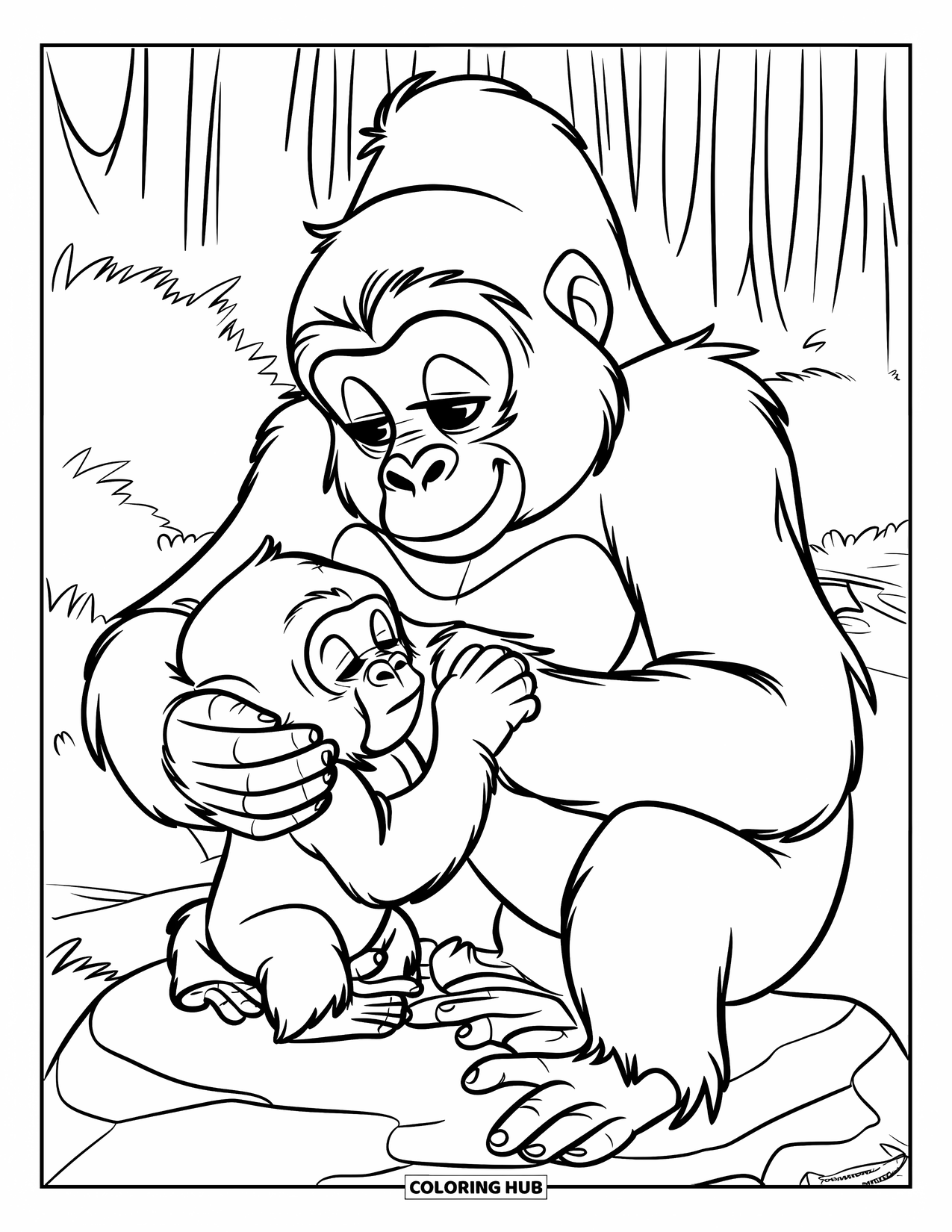 Disegno di gorilla da colorare per bambini: Una mamma gorilla pulisce amorevolmente il suo cucciolo mentre è seduta su una roccia sotto alberi alti