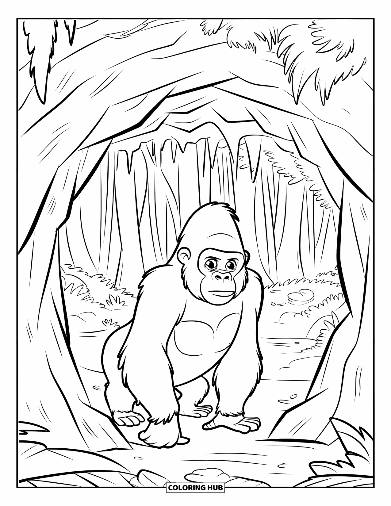 Disegno di gorilla da colorare per bambini: Un gorilla sbircia in una grotta con un bastone in mano e piante della giungla tutt'intorno