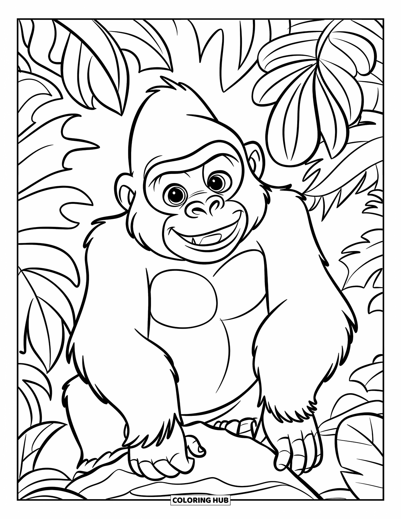 Disegno di gorilla da colorare per bambini: Un gorilla sbircia giocosamente tra le foglie della giungla con un ampio sorriso curioso