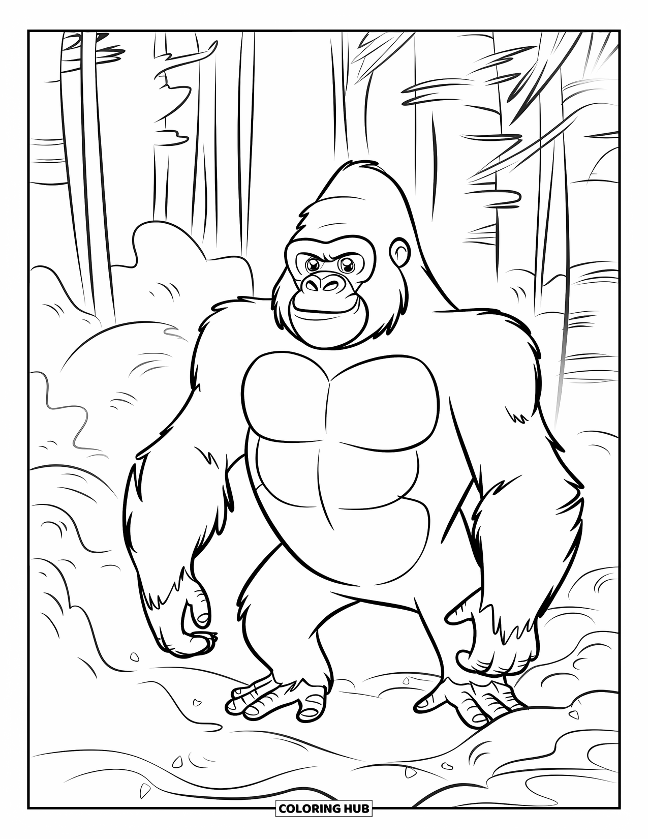 Disegno di gorilla da colorare per bambini: Un gorilla alza le mani tra la nebbia vorticosa della giungla e gli alberi alti