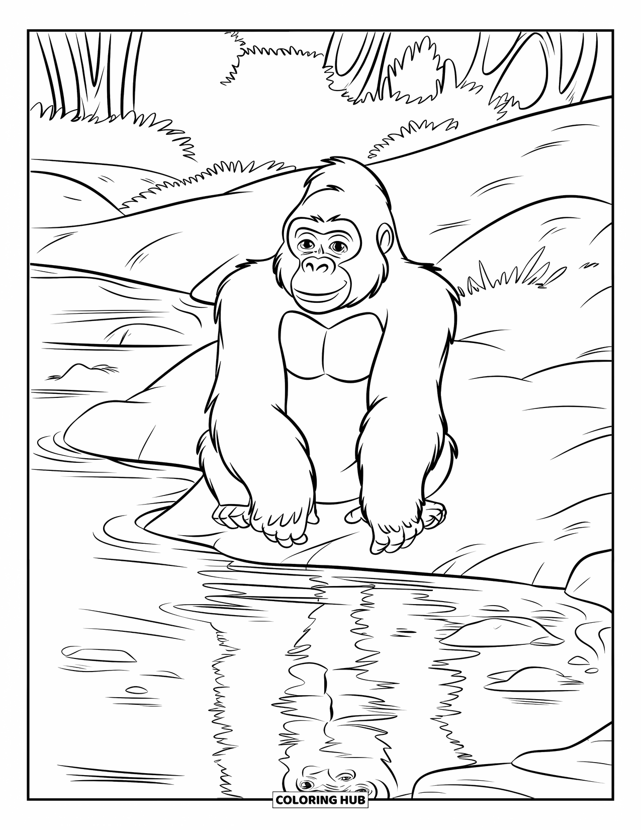Disegno di gorilla da colorare per bambini: Un gorilla si rilassa vicino a un ruscello dove il suo riflesso brilla nell'acqua