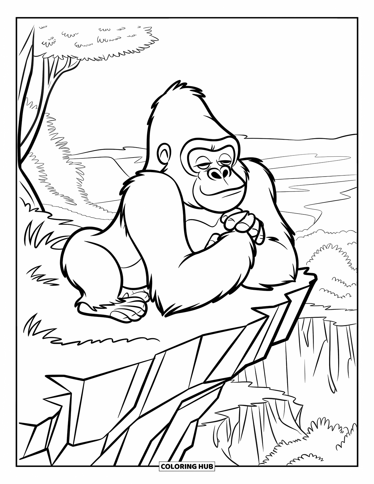 Disegno di gorilla da colorare per bambini: Un gorilla riposa pacificamente sul bordo di una scogliera sopra la foresta pluviale