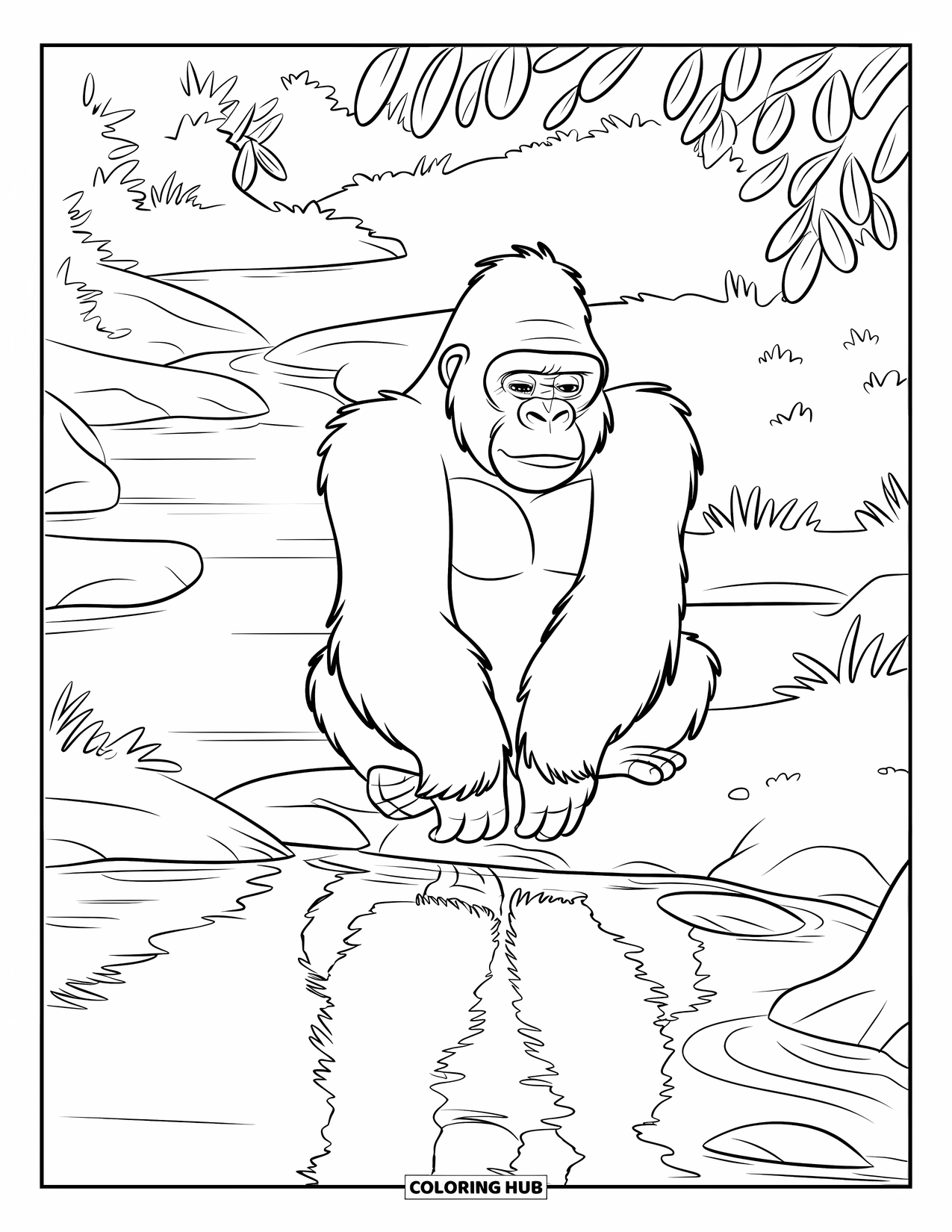 Disegno di gorilla da colorare per bambini: Un gorilla è seduto vicino a un fiume calmo con alberi frondosi e alcune rocce sparse