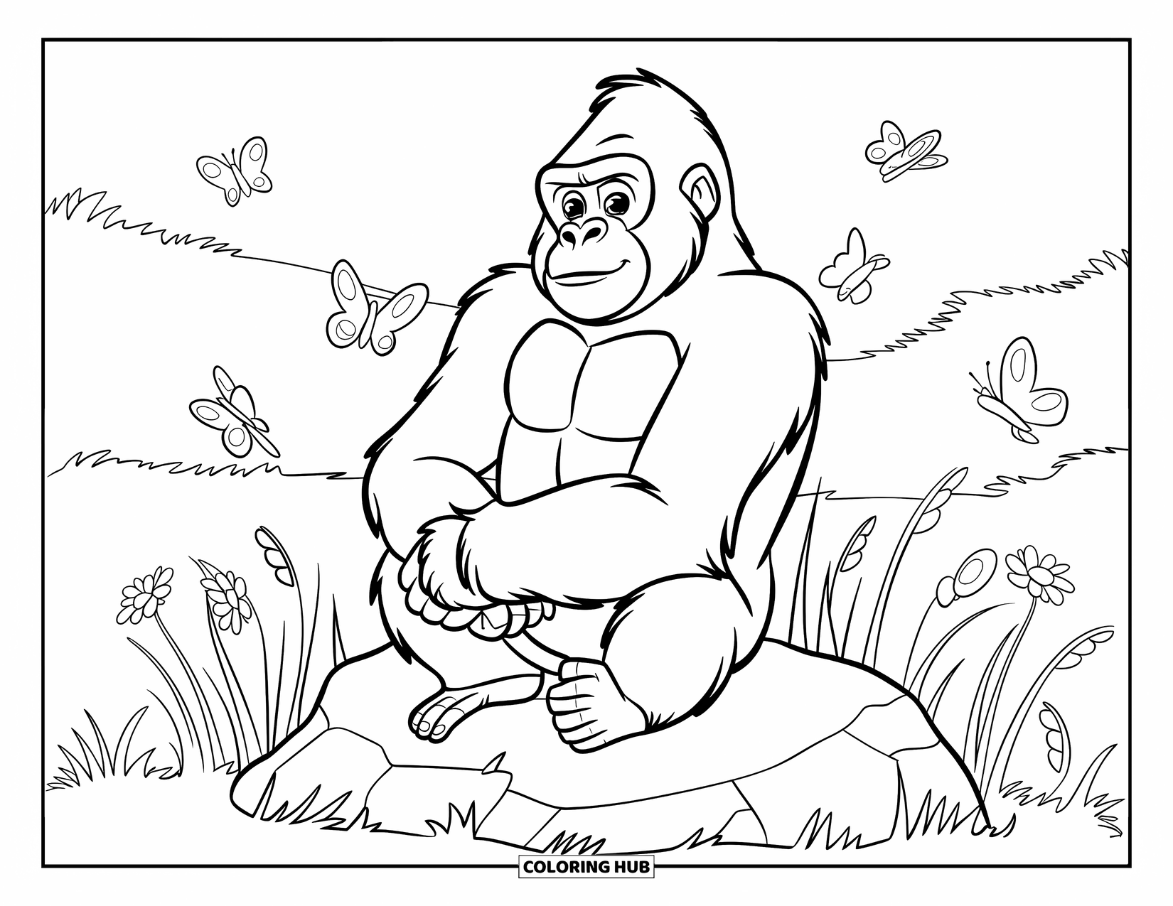Disegno di gorilla da colorare per bambini: Un gorilla è seduto su una grossa roccia, circondato da farfalle ed erba alta