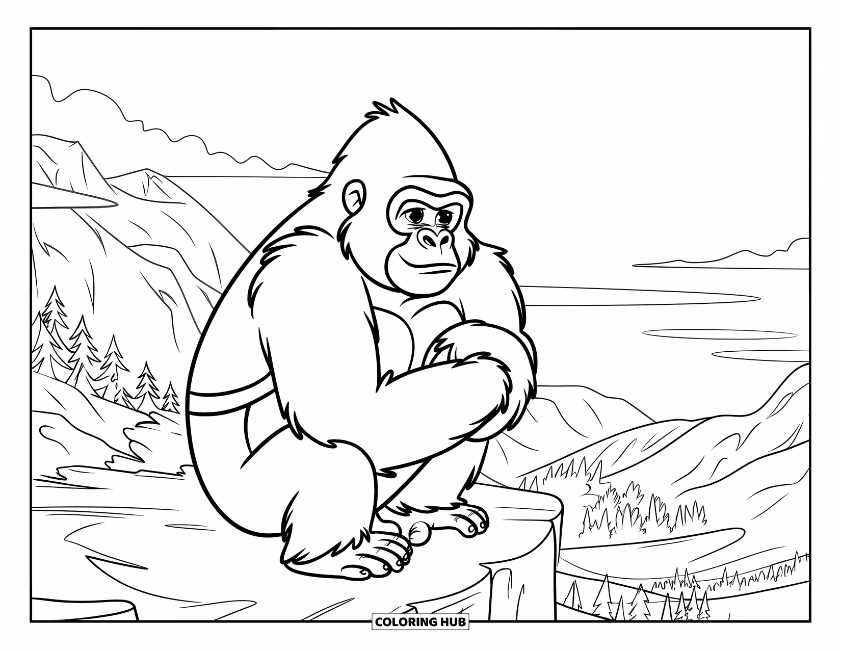 Disegno di gorilla da colorare per bambini: Un gorilla è seduto su una sporgenza, guardando montagne e una valle tranquilla
