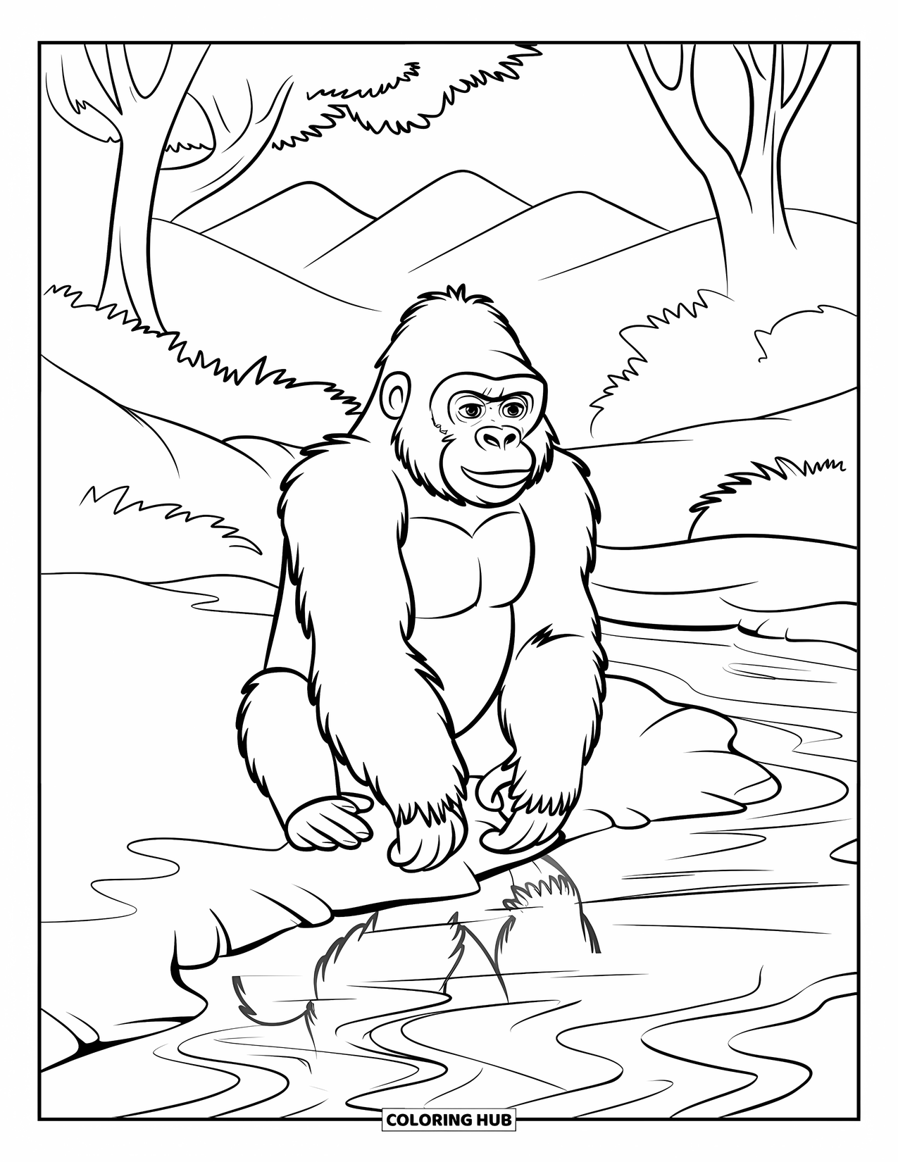 Disegno di gorilla da colorare per bambini: Un gorilla è seduto tranquillamente vicino a un ruscello, riflesso nell'acqua calma