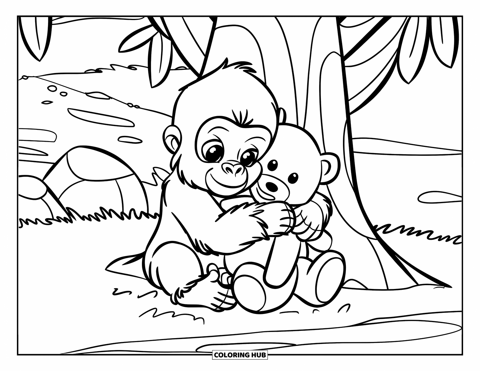 Disegno di gorilla da colorare per bambini: Un gorilla sorride mentre abbraccia il suo orsacchiotto su un sentiero erboso vicino a un albero