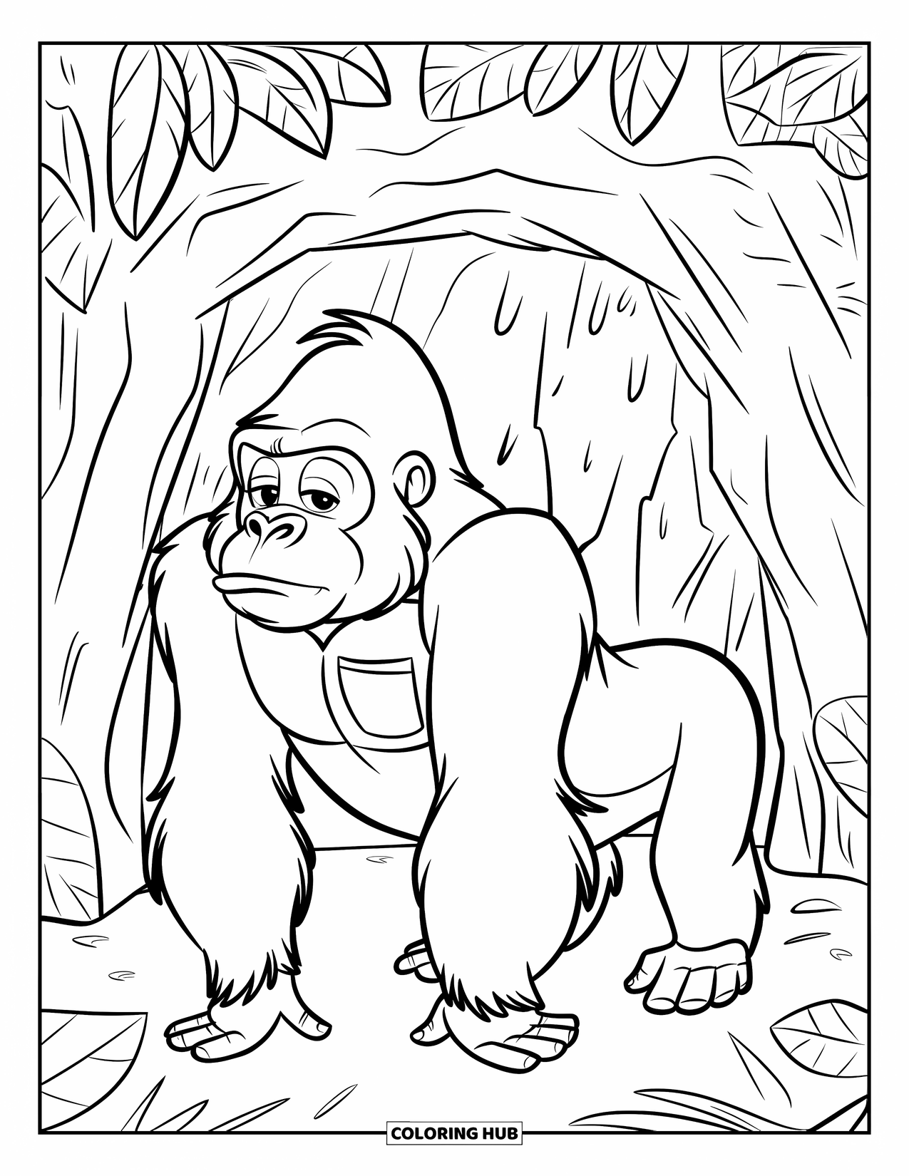 Disegno di gorilla da colorare per bambini: Un gorilla è in piedi fuori da una grotta rocciosa indossando una maglietta, circondato da fitte foglie della giungla