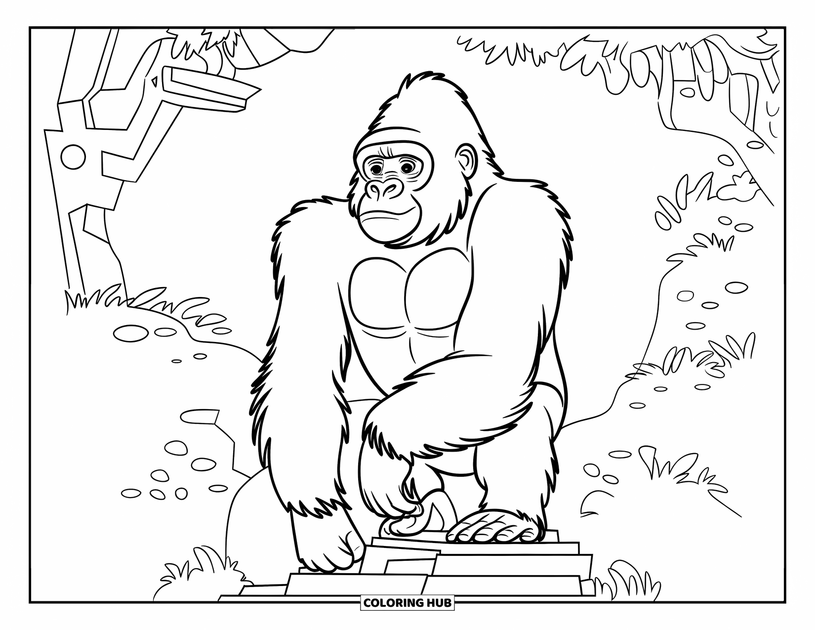 Disegno di gorilla da colorare per bambini: Un gorilla è in piedi orgogliosamente come una statua circondato da alberi muschiosi e forme audaci della foresta