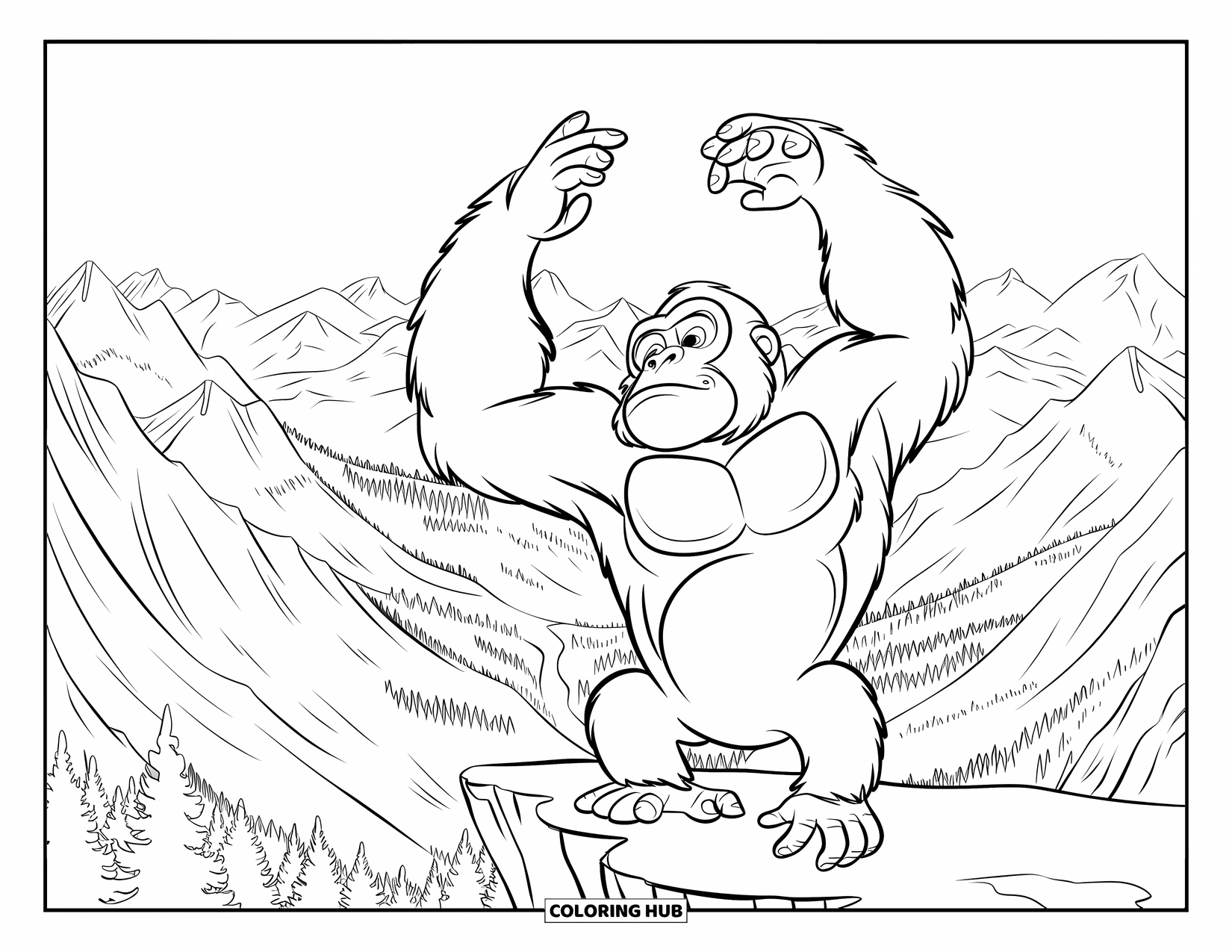 Disegno di gorilla da colorare per bambini: Un gorilla si allunga su una sporgenza, guardando cime, valli e foreste lontane