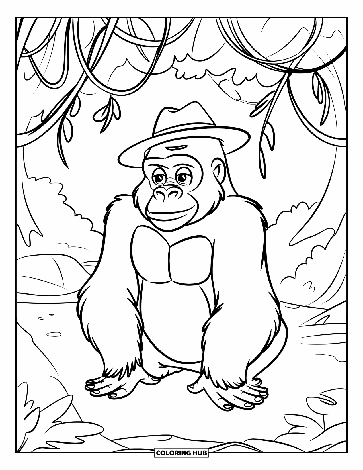 Disegno di gorilla da colorare per bambini: Un gorilla con un cappello è seduto tranquillamente in una radura tranquilla nella giungla