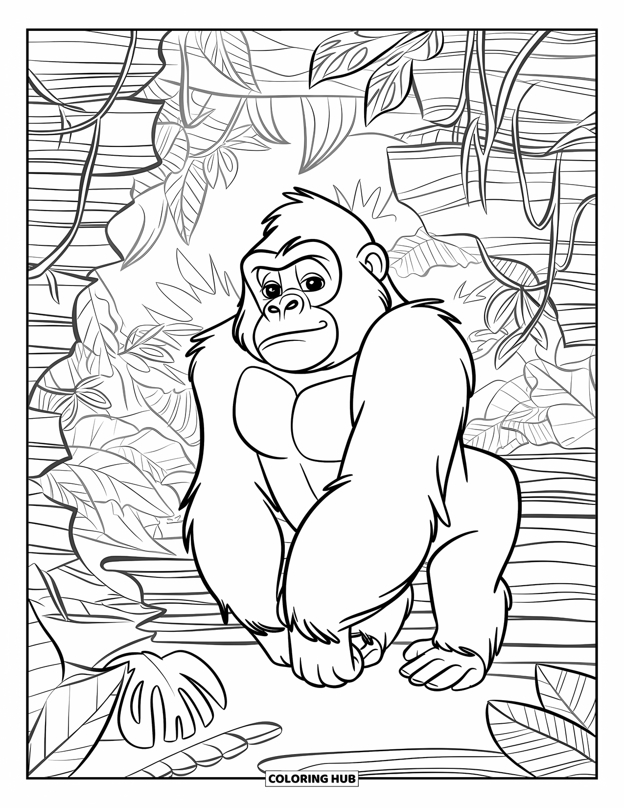 Disegno di gorilla da colorare per bambini: Un gorilla con un cappello cammina attraverso una giungla a strati piena di liane e piante