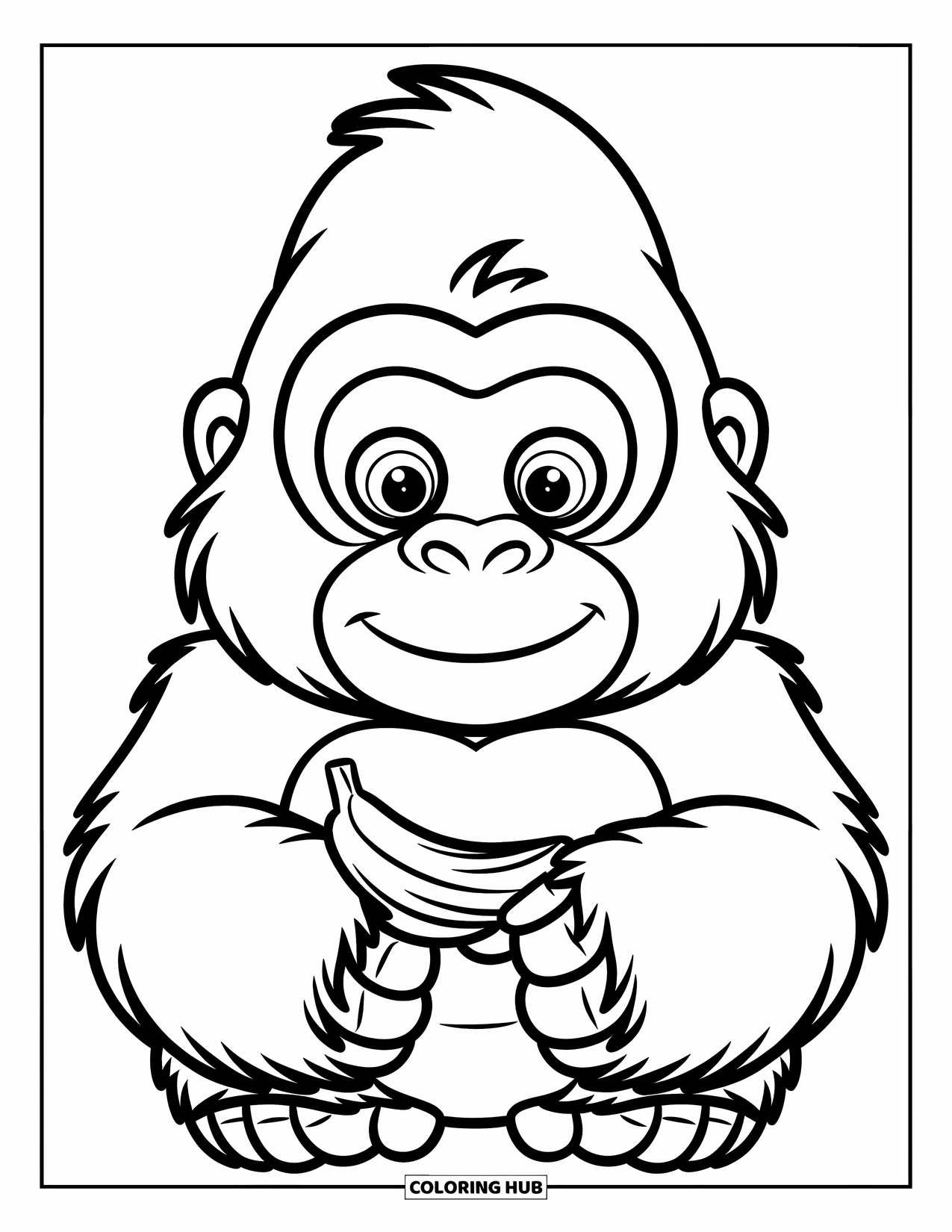 Disegno di gorilla da colorare per bambini: Un gorilla con un dolce sorriso tiene in mano una banana e guarda dritto davanti a sé