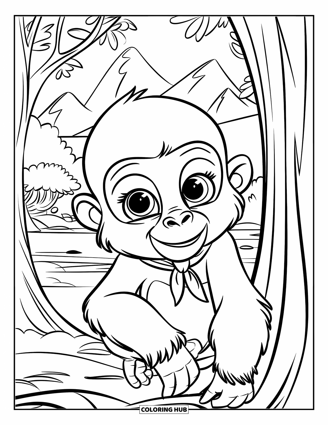 Disegno di gorilla da colorare per bambini: Un gorilla con una sciarpa sbircia da un albero vicino a una tranquilla vista sul lago