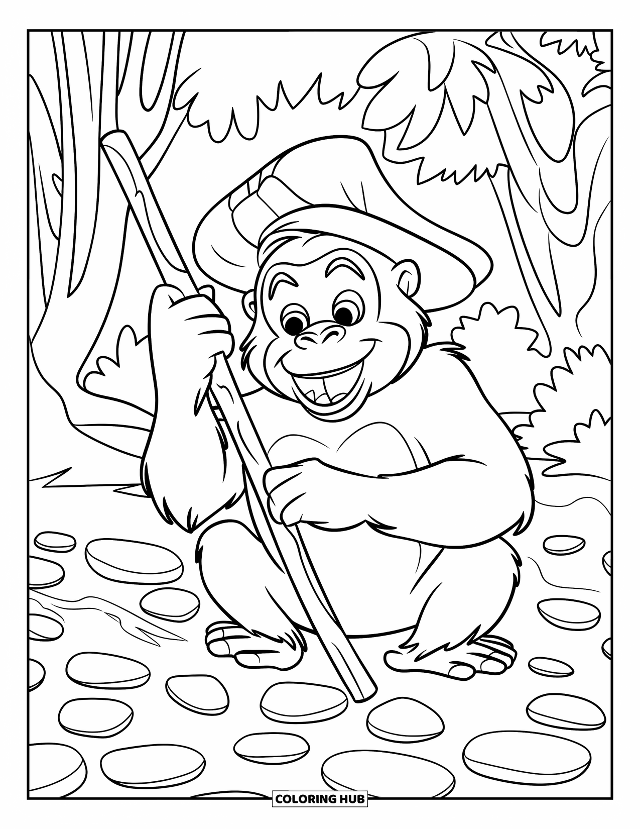 Disegno di gorilla da colorare per bambini: Un gorilla con un bastone è seduto tra i ciottoli in una foresta tranquilla