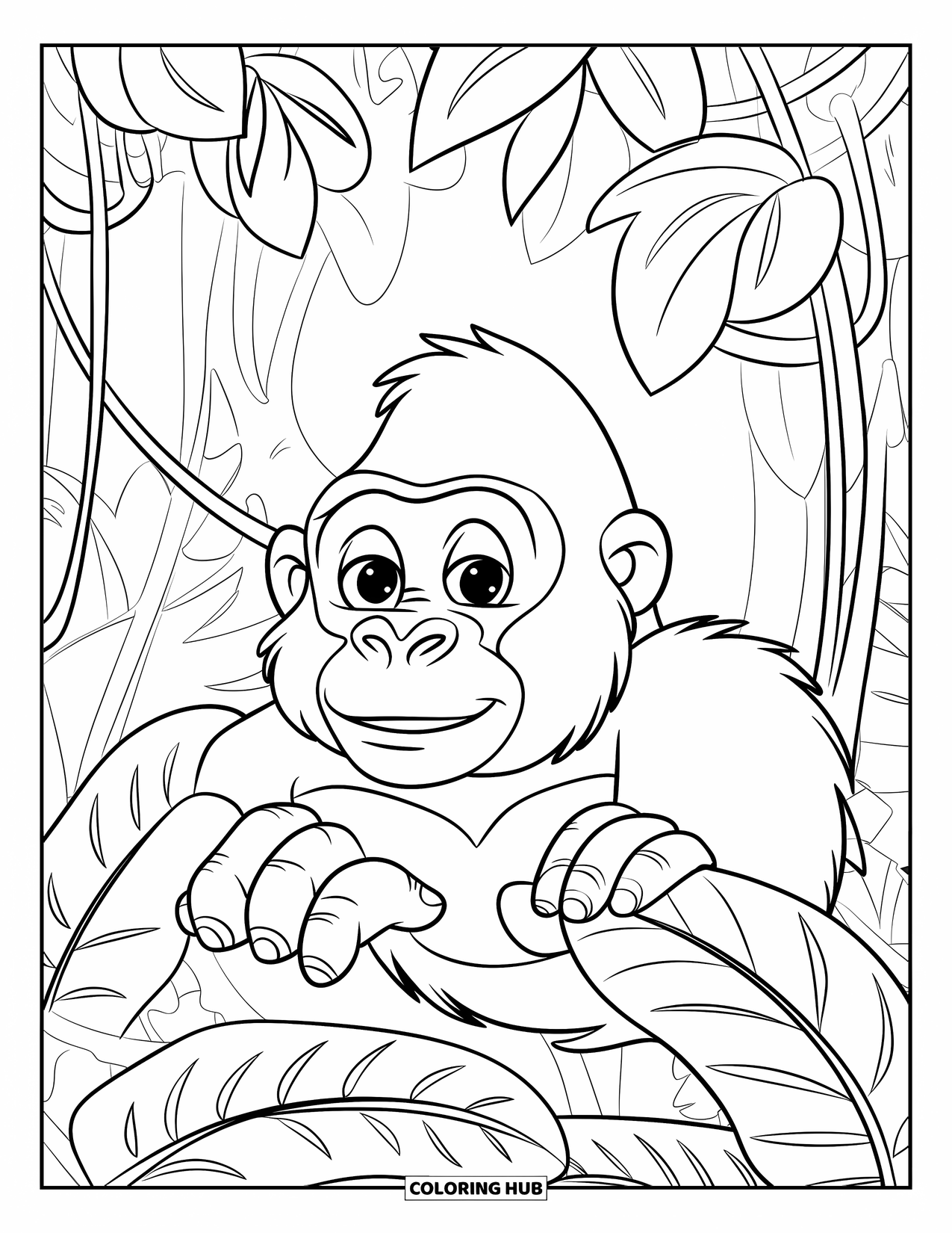 Disegno di gorilla da colorare per bambini: Un gorilla con occhi vivaci sbircia tra le foglie della giungla in una fitta foresta